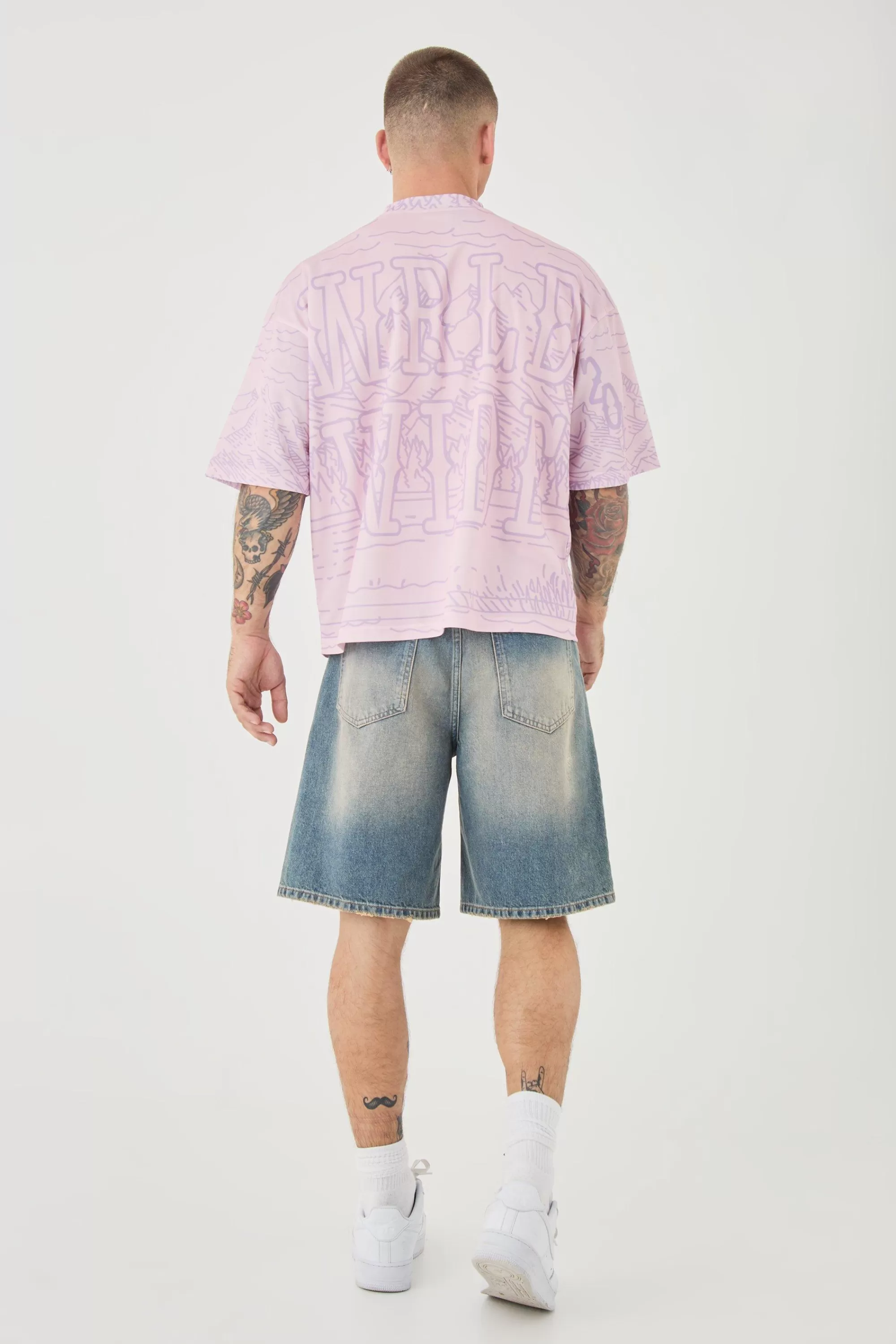 boohooMAN Oversized Extended Neck Boxy Homme Worldwide Mesh Print T-shirt | UK pink Cheap