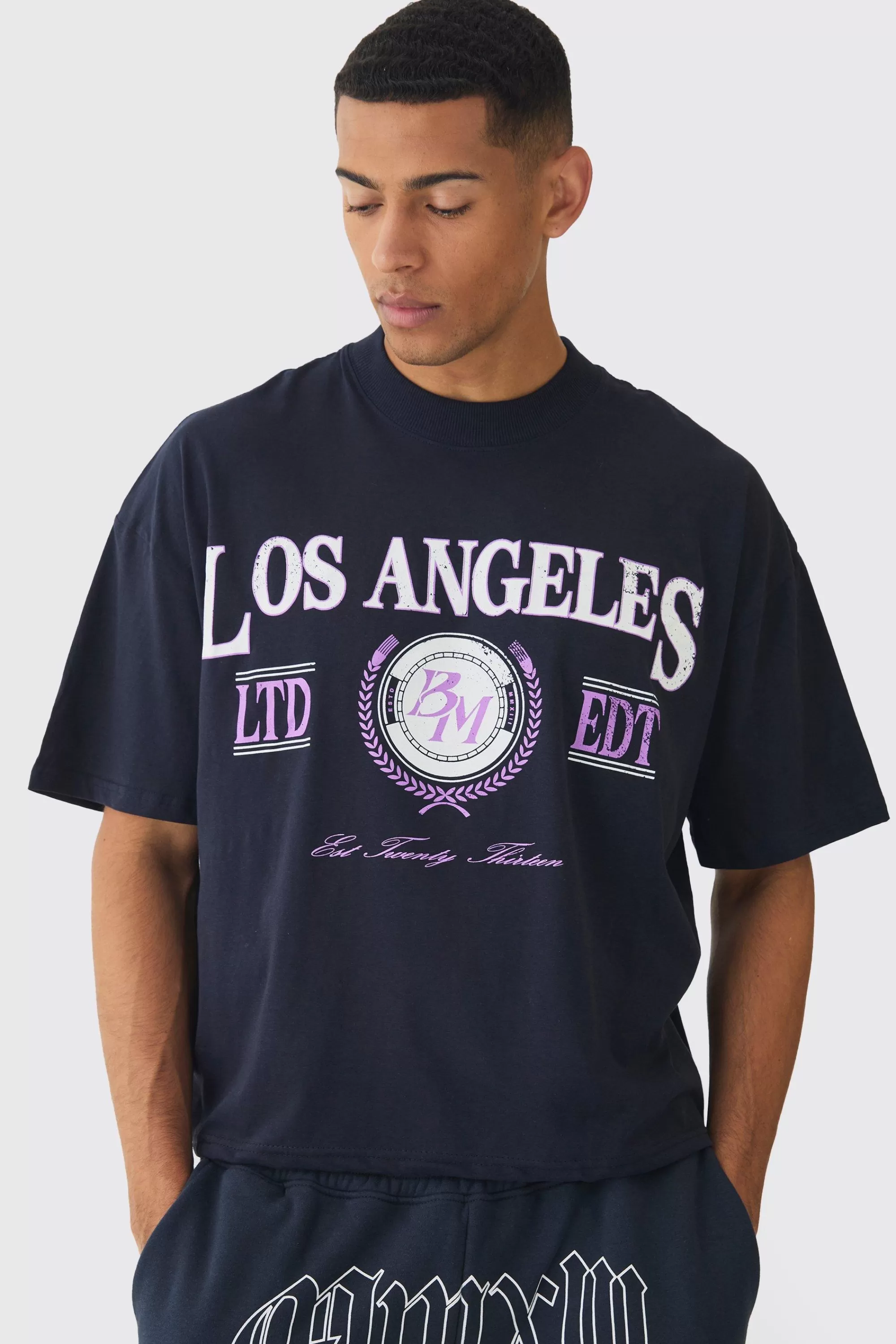 boohooMAN Oversized Extended Neck Boxy Los Angeles Print T-Shirt | UK navy Cheap