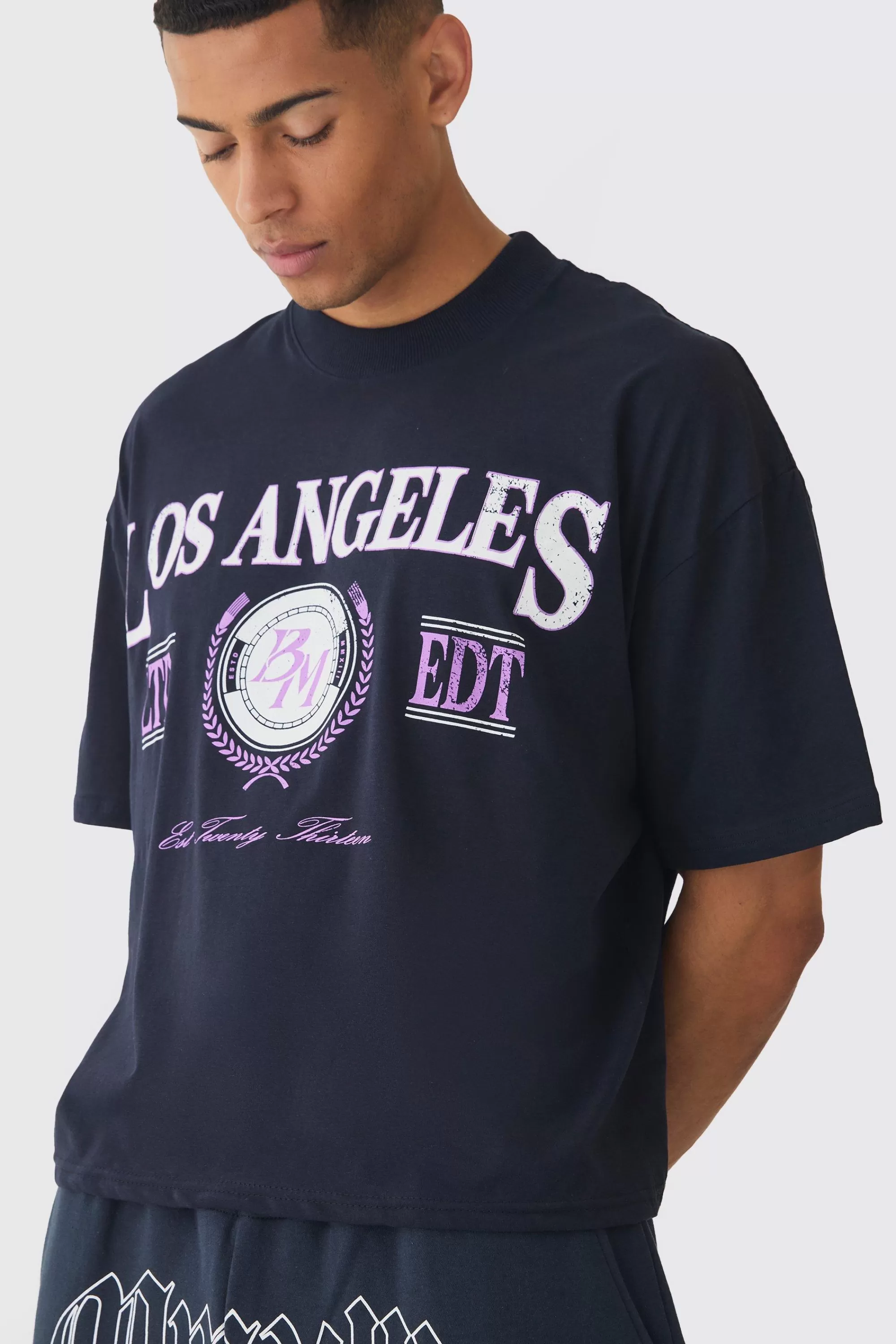 boohooMAN Oversized Extended Neck Boxy Los Angeles Print T-Shirt | UK navy Cheap