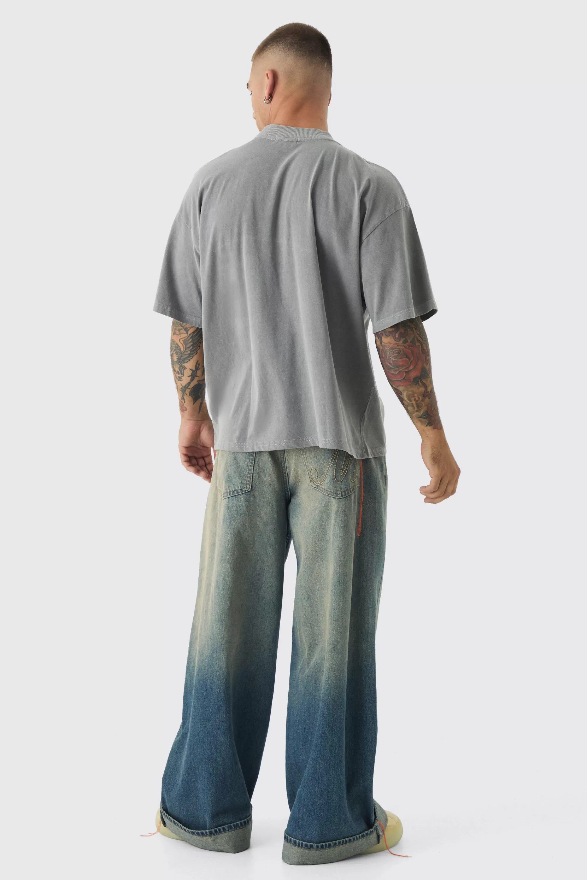 boohooMAN Oversized Extended Neck Boxy Pour Homme Wash Print T-Shirt | UK taupe Fashion