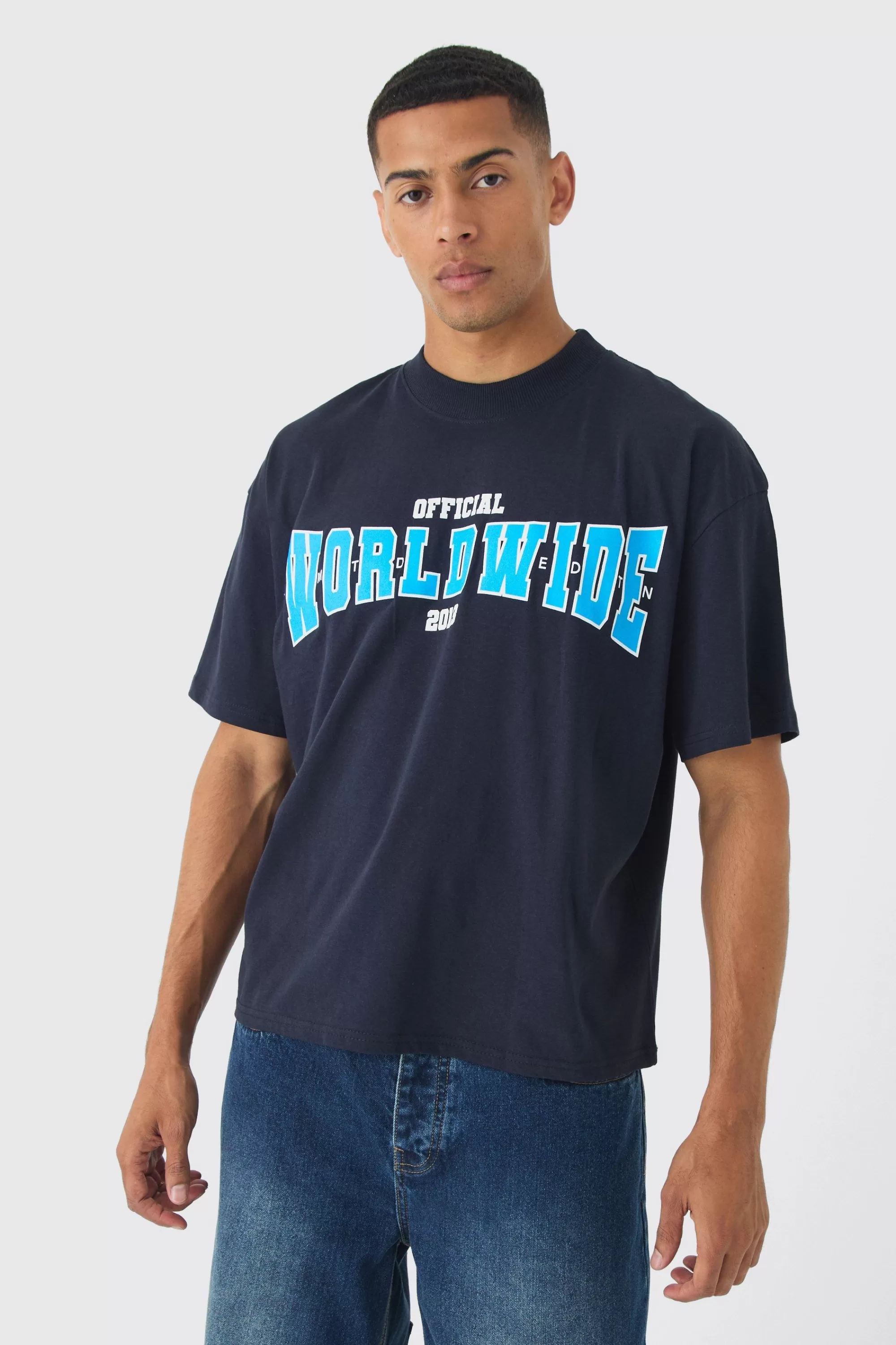 boohooMAN Oversized Extended Neck Boxy Worldwide Print T-Shirt | UK navy Best