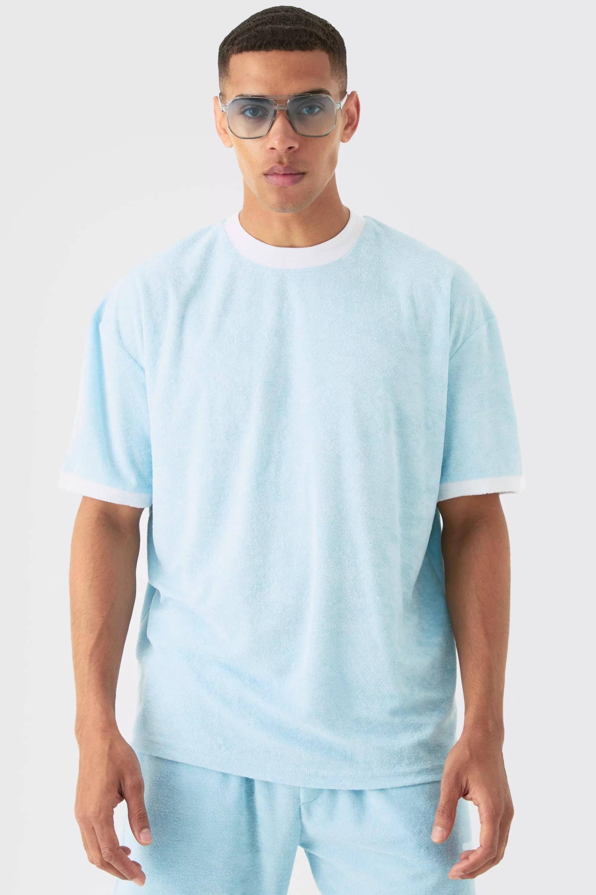 boohooMAN Oversized Extended Neck Contrast Towelling T-shirt | UK light blue Hot