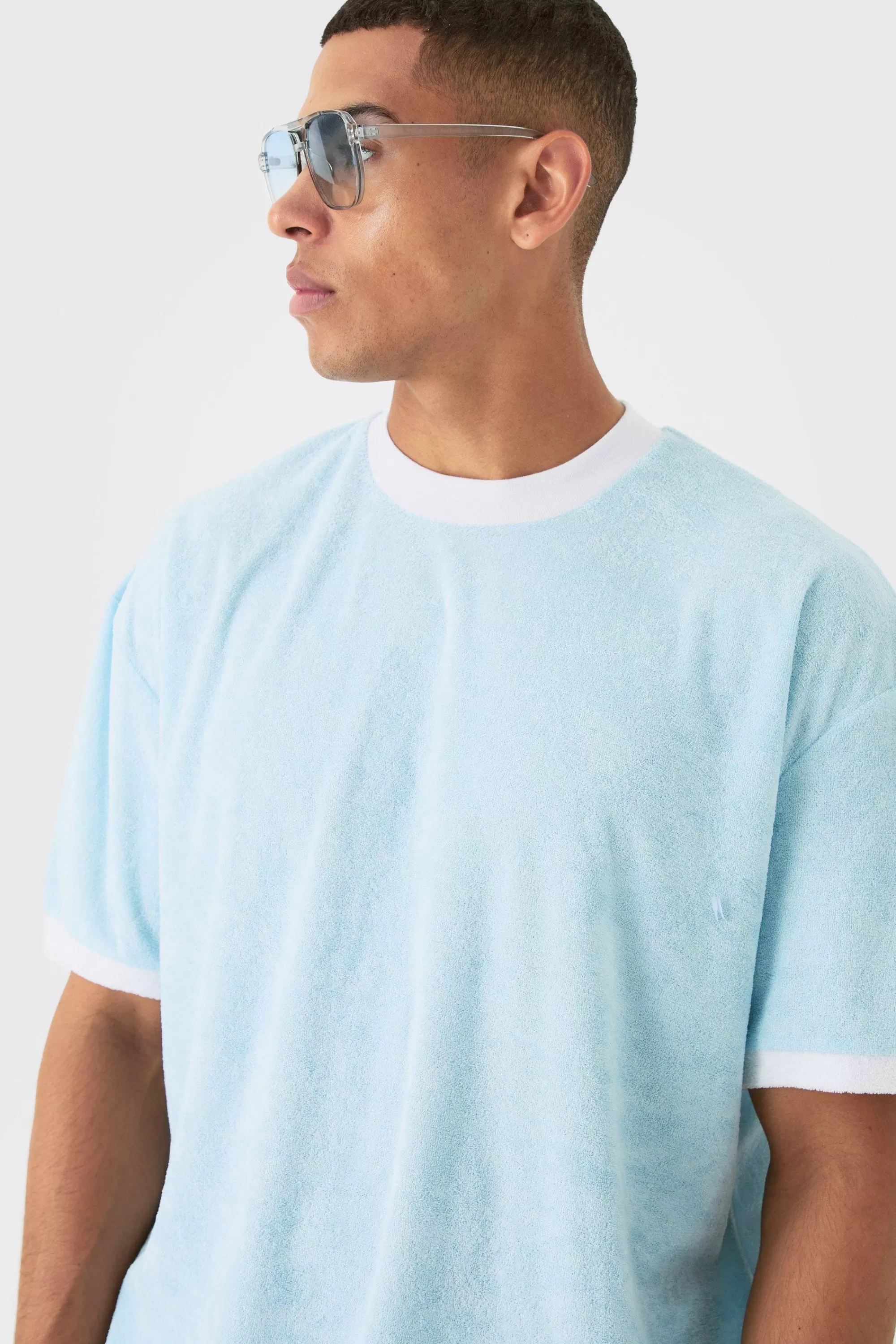 boohooMAN Oversized Extended Neck Contrast Towelling T-shirt | UK light blue Hot