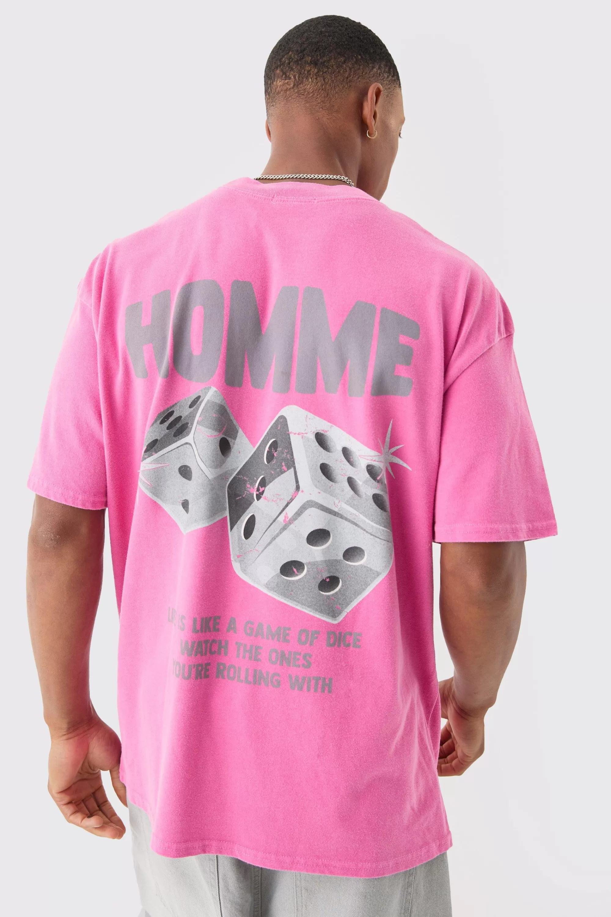 boohooMAN Oversized Extended Neck Dice Wash T-shirt | UK pink Shop