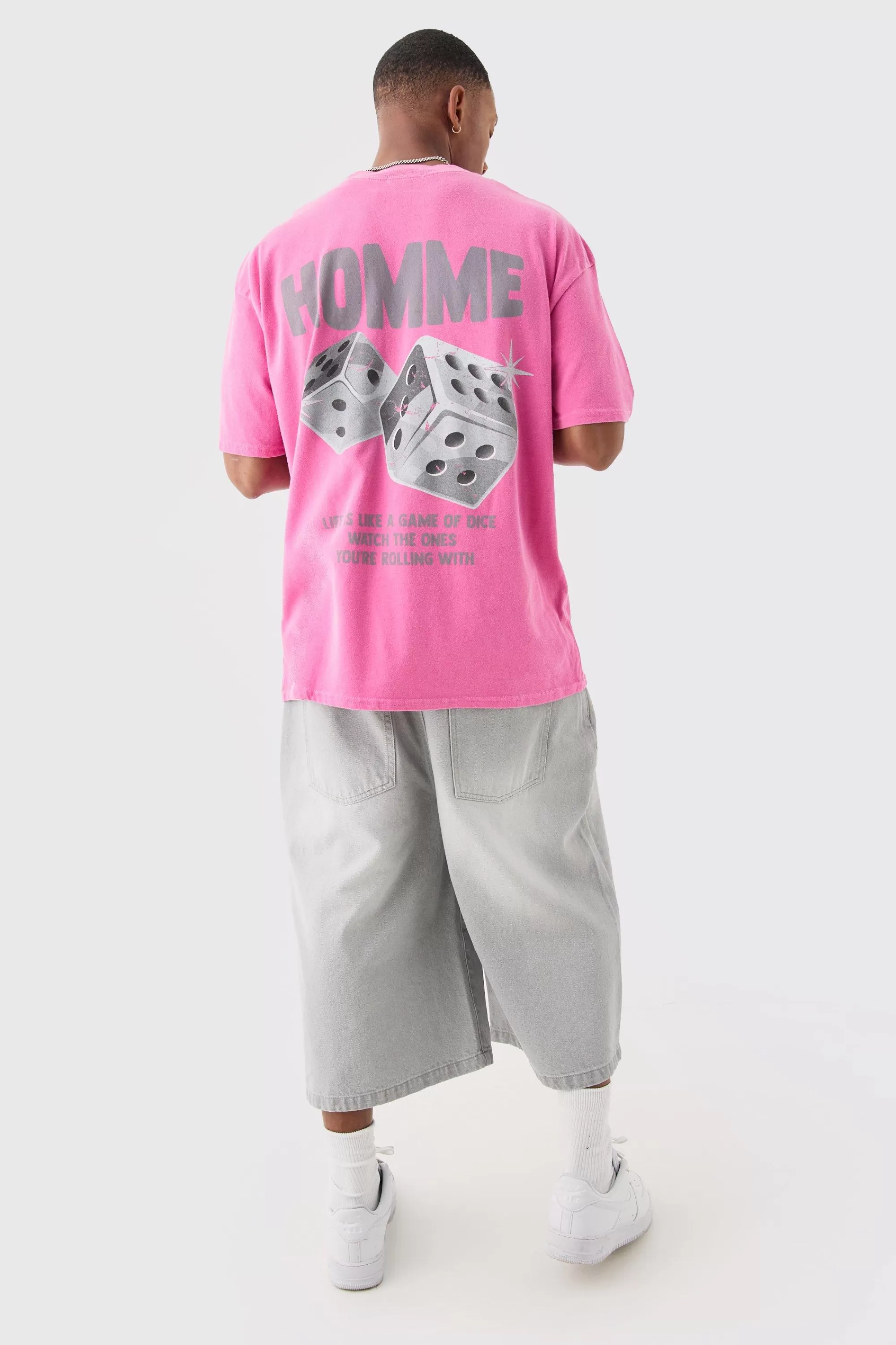 boohooMAN Oversized Extended Neck Dice Wash T-shirt | UK pink Shop