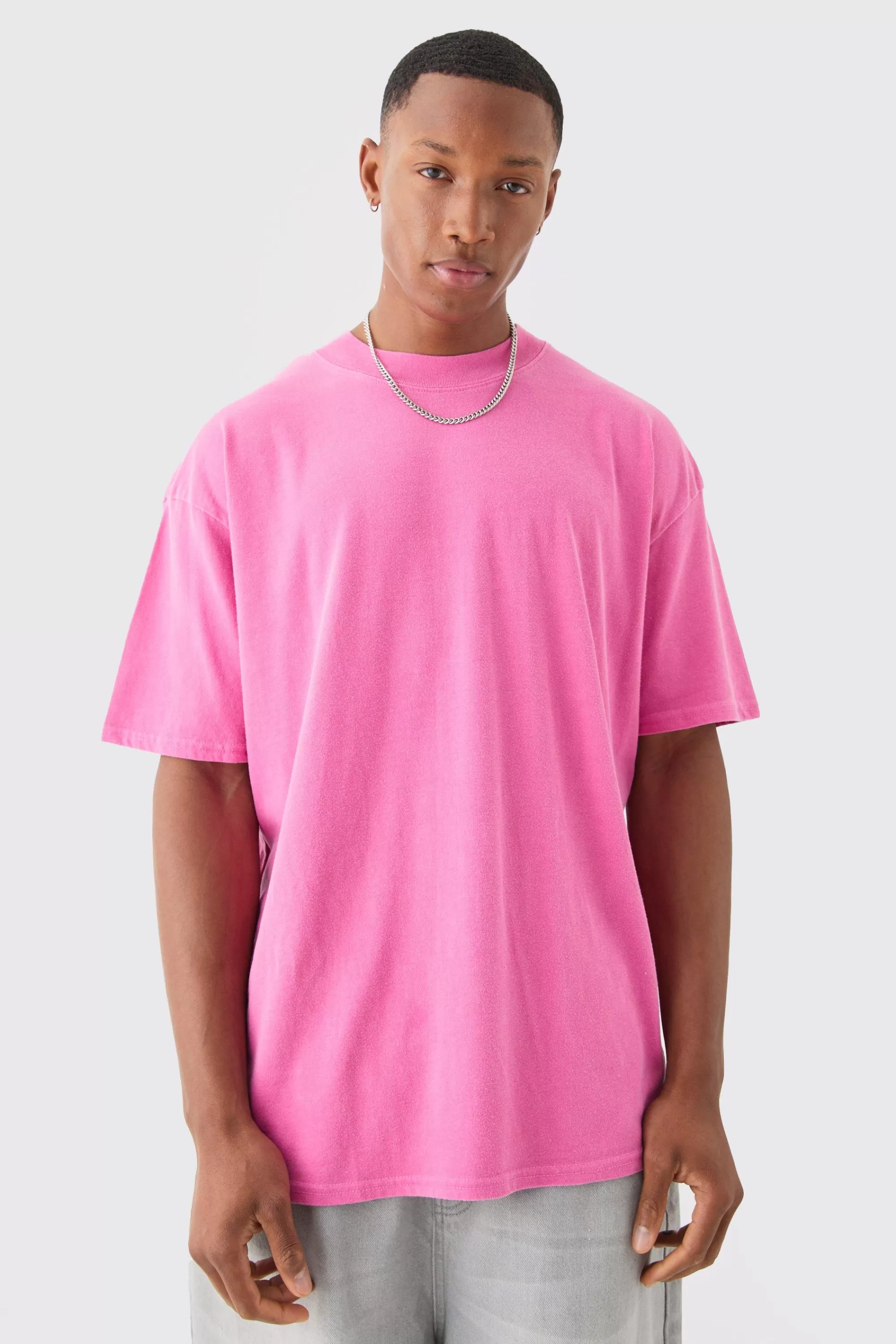 boohooMAN Oversized Extended Neck Dice Wash T-shirt | UK pink Shop