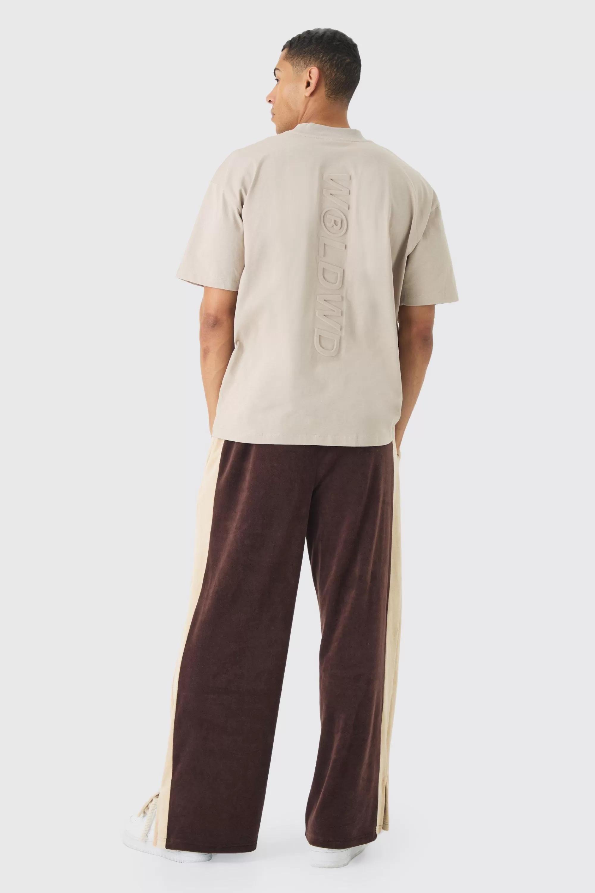 boohooMAN Oversized Extended Neck Embossed Worldwide T-shirt | UK taupe Flash Sale