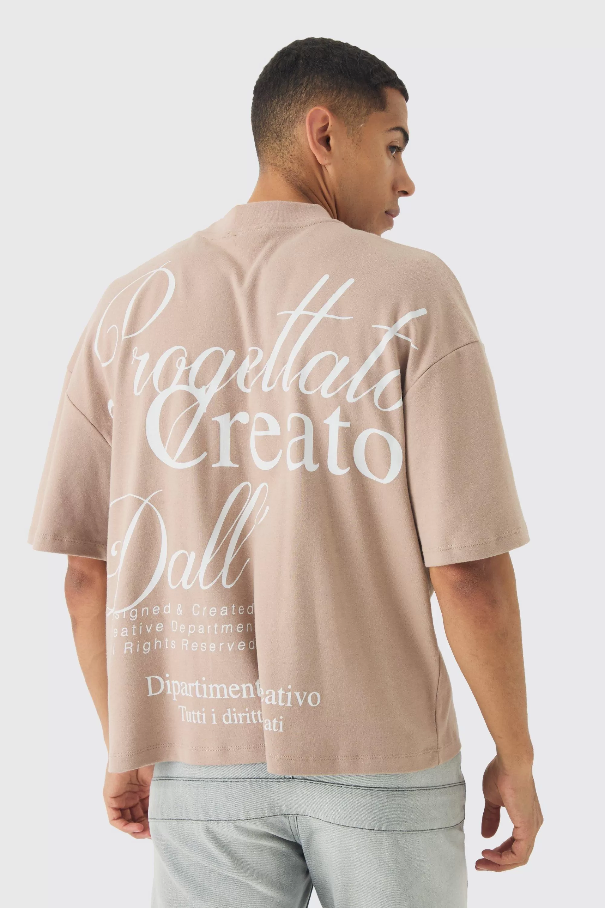 boohooMAN Oversized Extended Neck Embroidered Heavy Interlock T-shirt | UK mocha Flash Sale