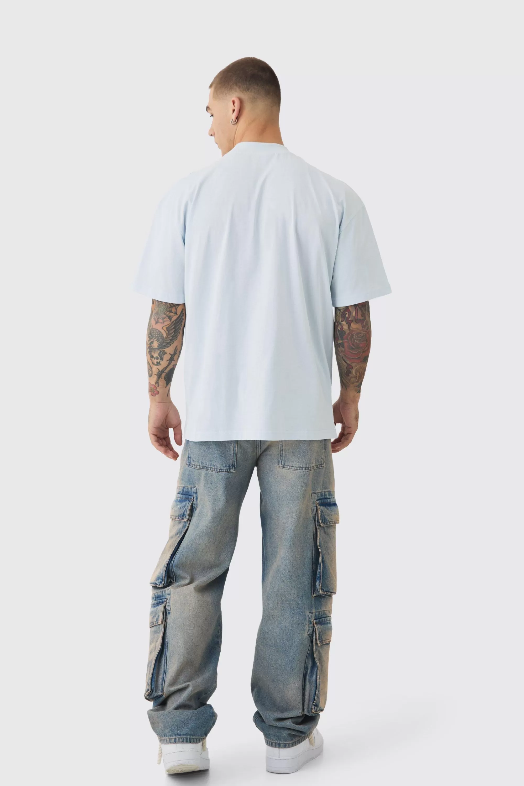 boohooMAN Oversized Extended Neck Extreme Lightning T-shirt | UK light blue Best