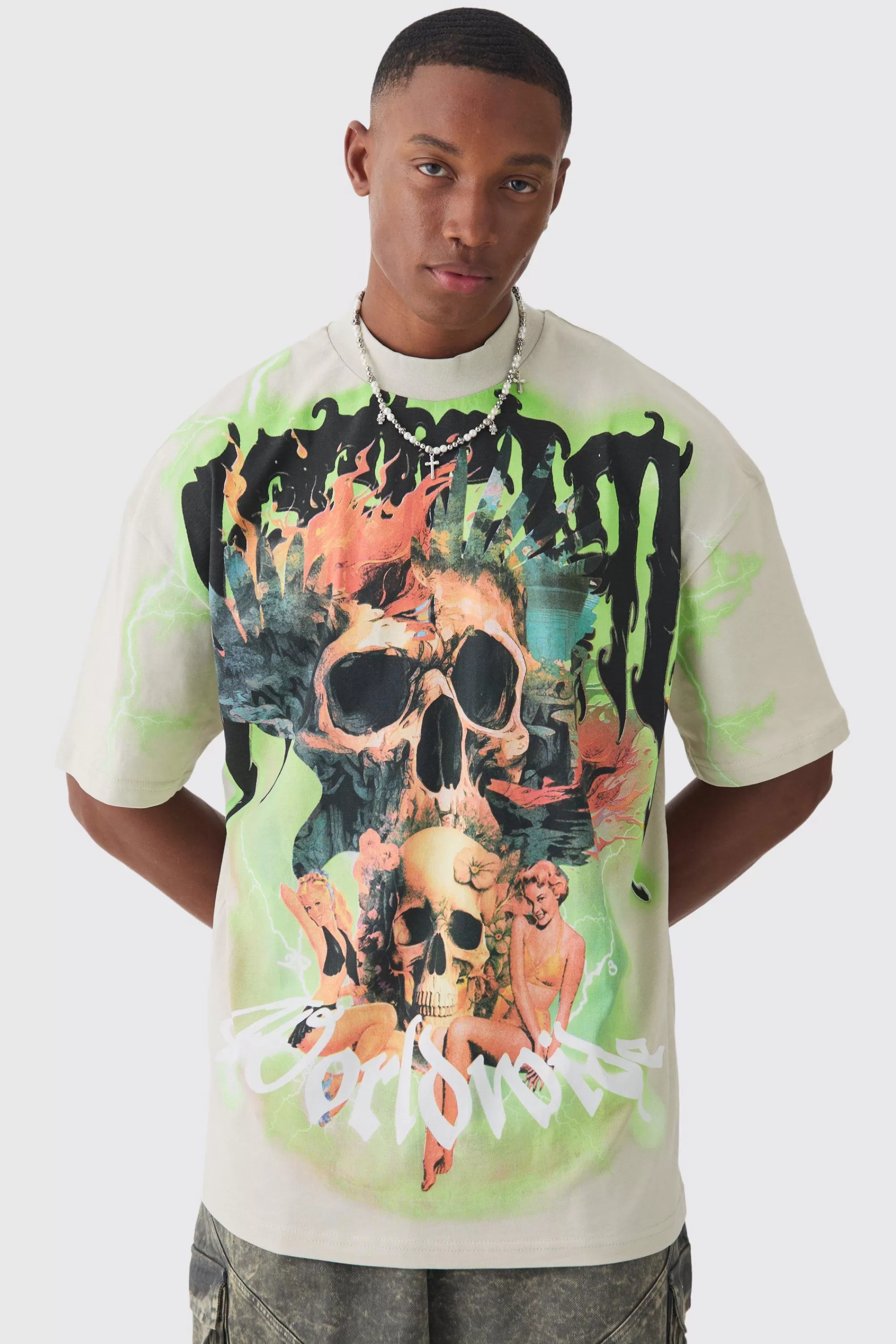boohooMAN Oversized Extended Neck Extreme Skull Graphic T-shirt | UK taupe Online