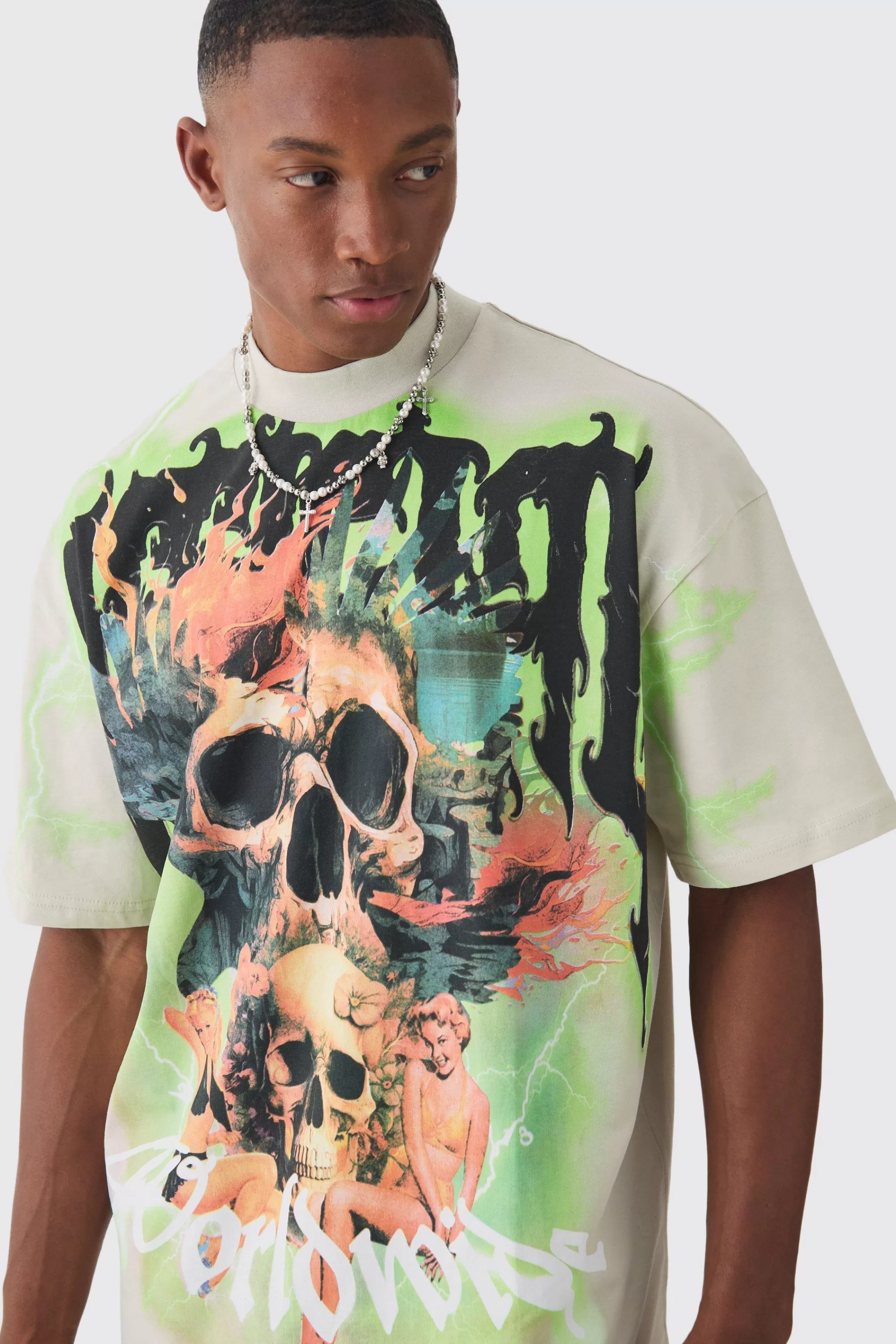 boohooMAN Oversized Extended Neck Extreme Skull Graphic T-shirt | UK taupe Online