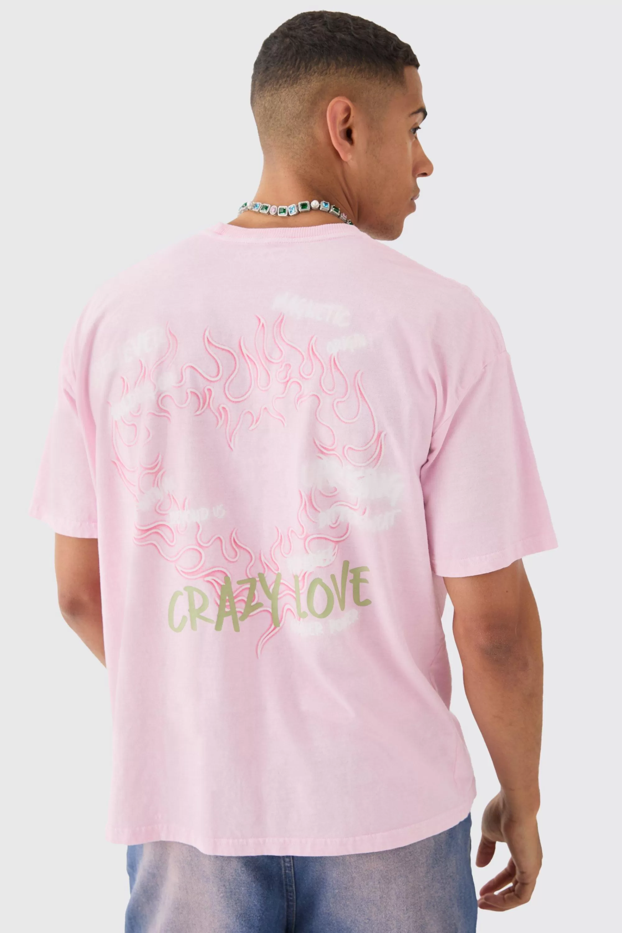 boohooMAN Oversized Extended Neck Flame Heart Wash Back Print T-shirt | UK pink Online