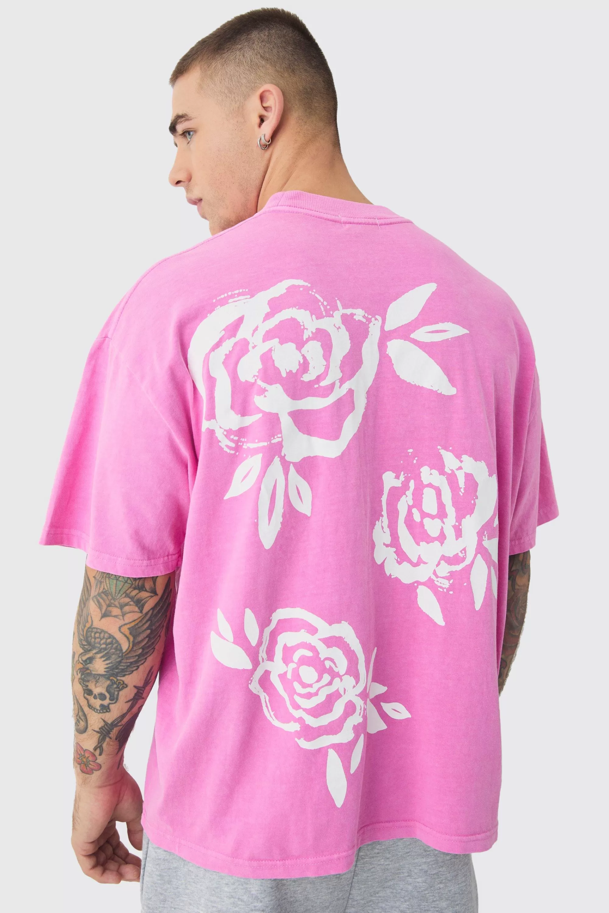 boohooMAN Oversized Extended Neck Floral Print T-shirt | UK pink Flash Sale