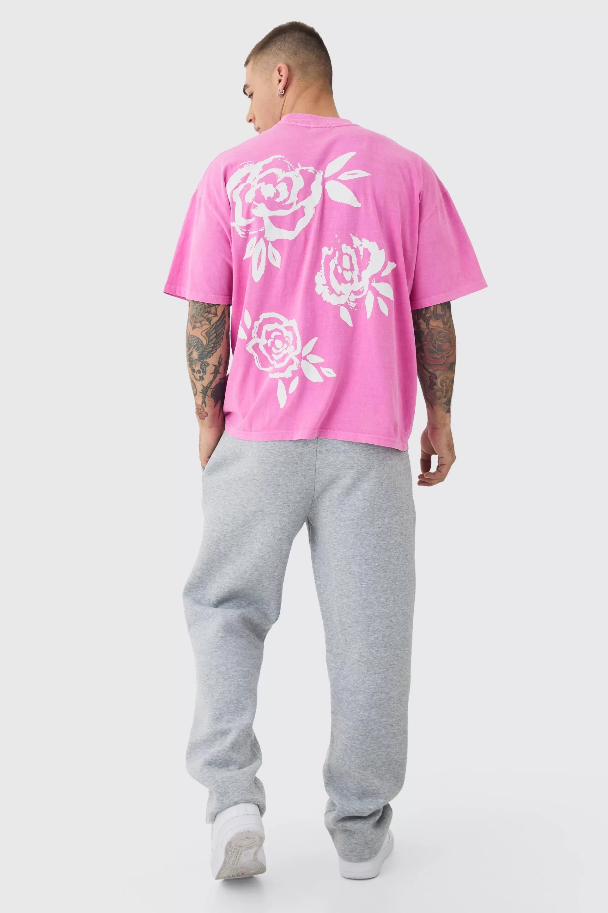 boohooMAN Oversized Extended Neck Floral Print T-shirt | UK pink Flash Sale