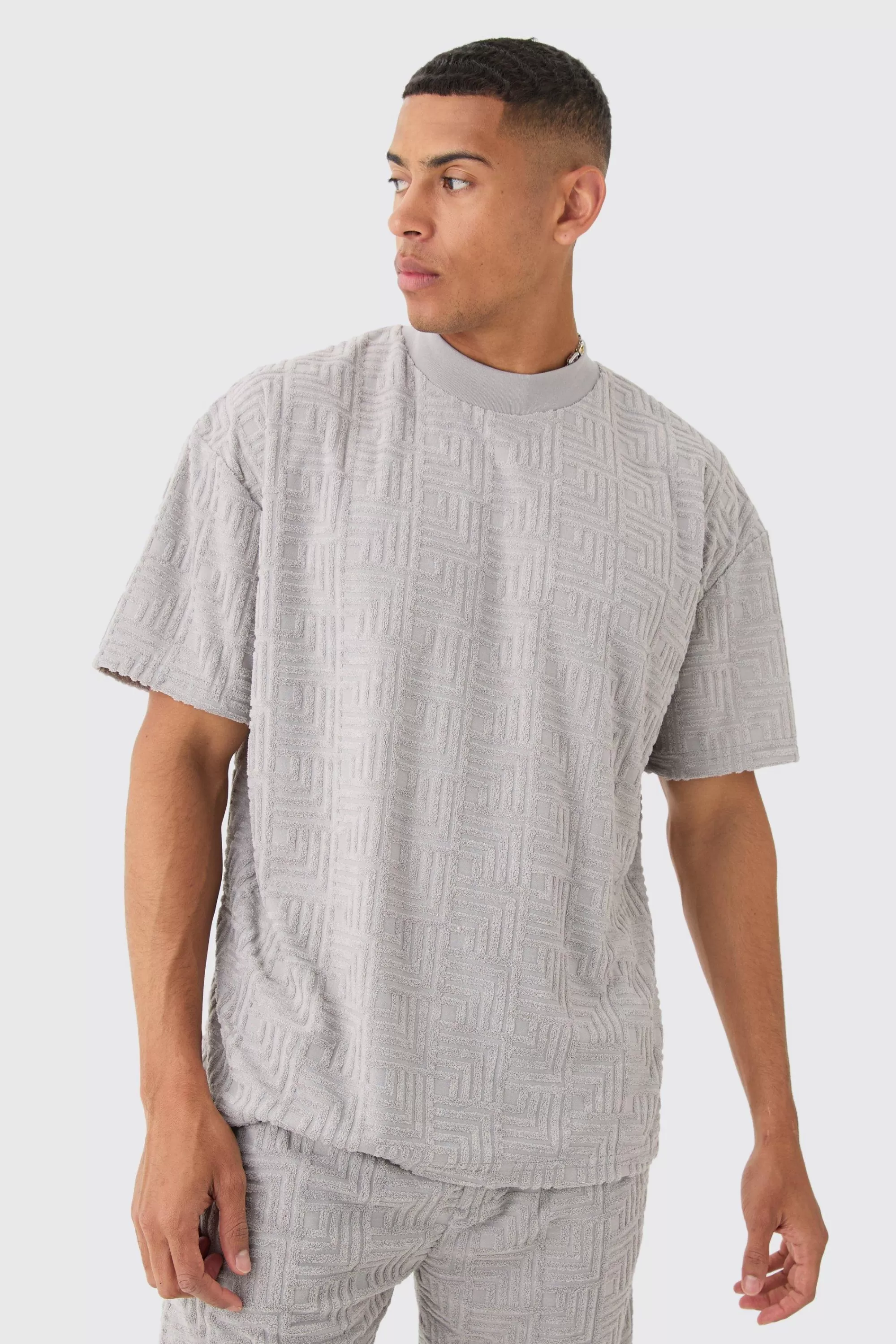 boohooMAN Oversized Extended Neck Geo Towelling Jacquard T-shirt | UK light grey Cheap