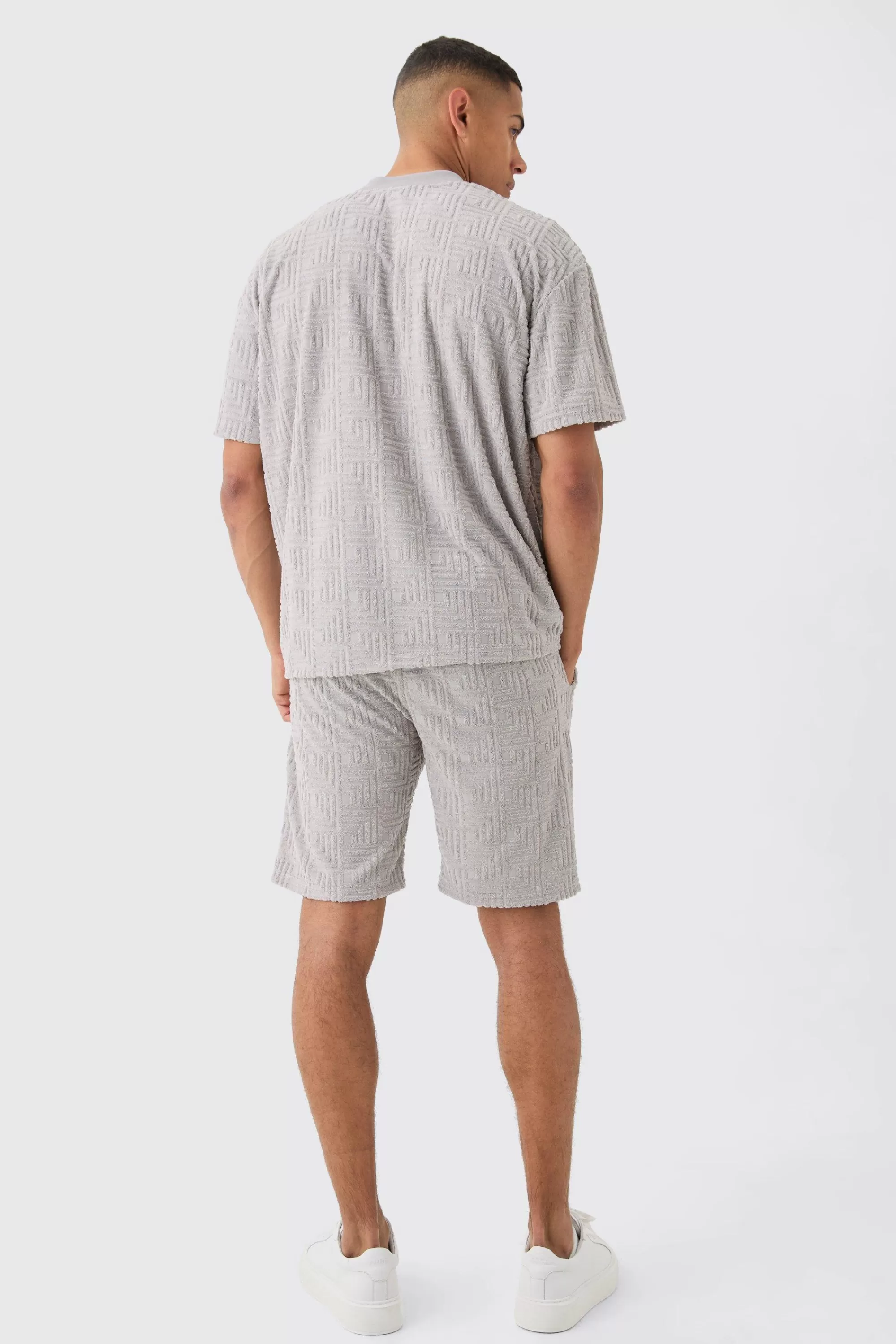boohooMAN Oversized Extended Neck Geo Towelling Jacquard T-shirt | UK light grey Cheap