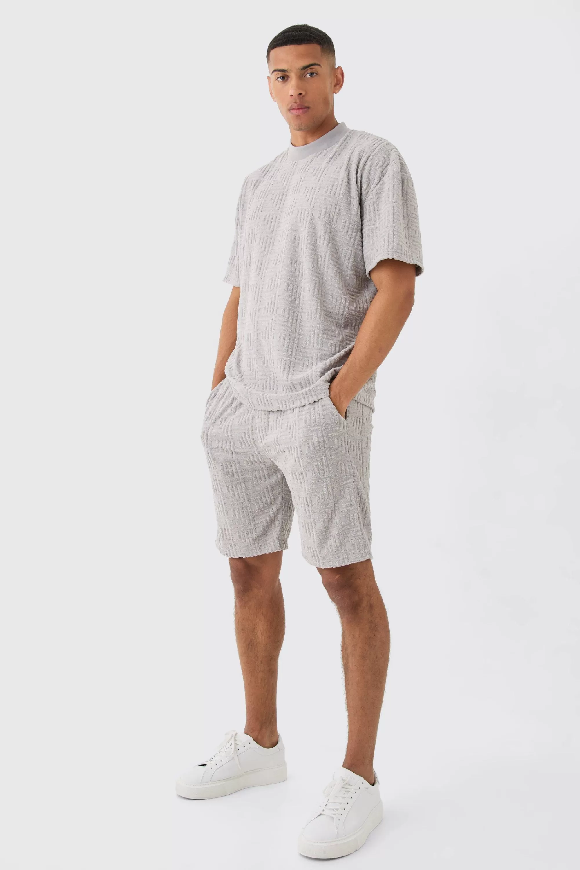 boohooMAN Oversized Extended Neck Geo Towelling Jacquard T-shirt | UK light grey Cheap