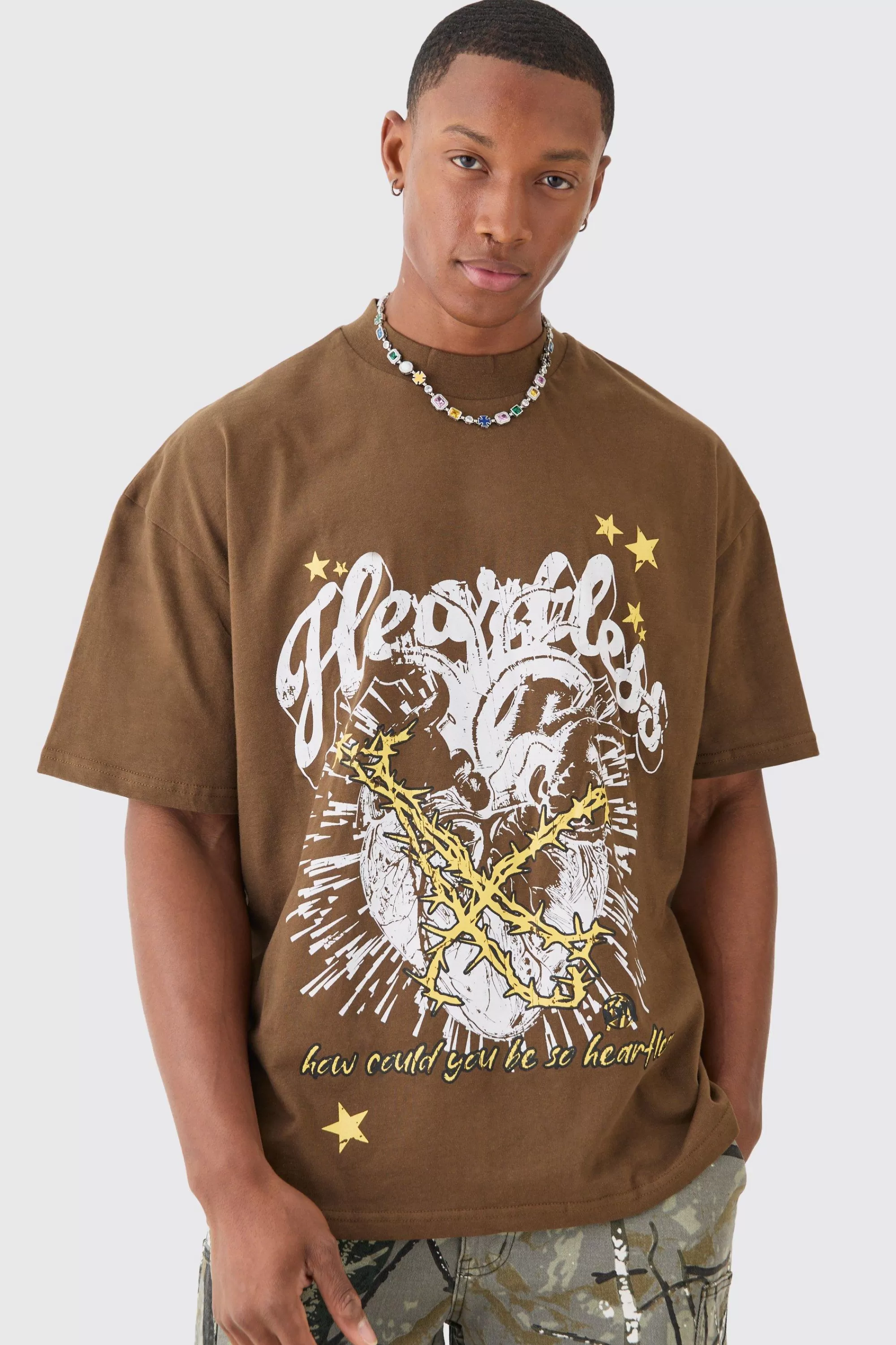 boohooMAN Oversized Extended Neck Graphic Heavy T-shirt | UK brown Clearance