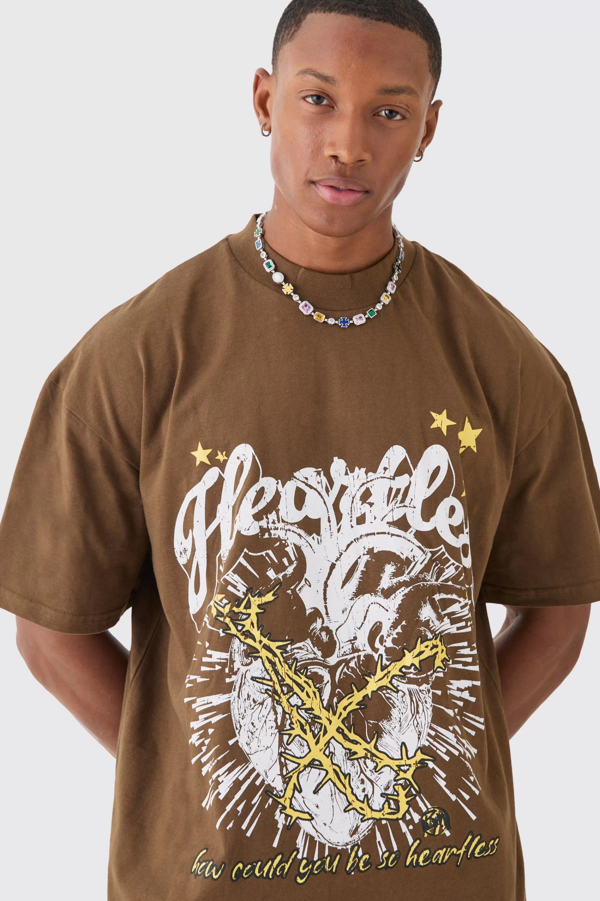 boohooMAN Oversized Extended Neck Graphic Heavy T-shirt | UK brown Clearance
