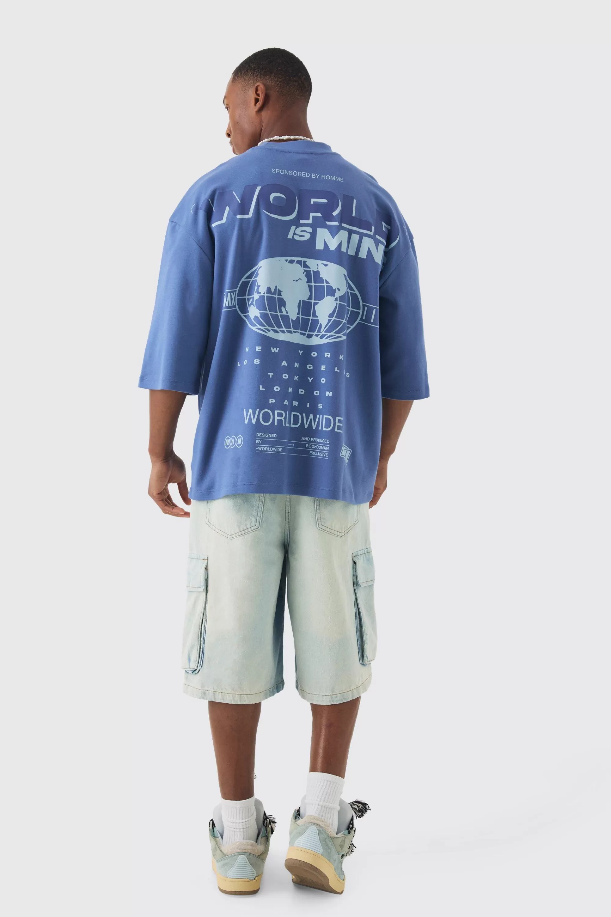 boohooMAN Oversized Extended Neck Heavy Interlock World Back Print T-shirt | UK dark blue Hot