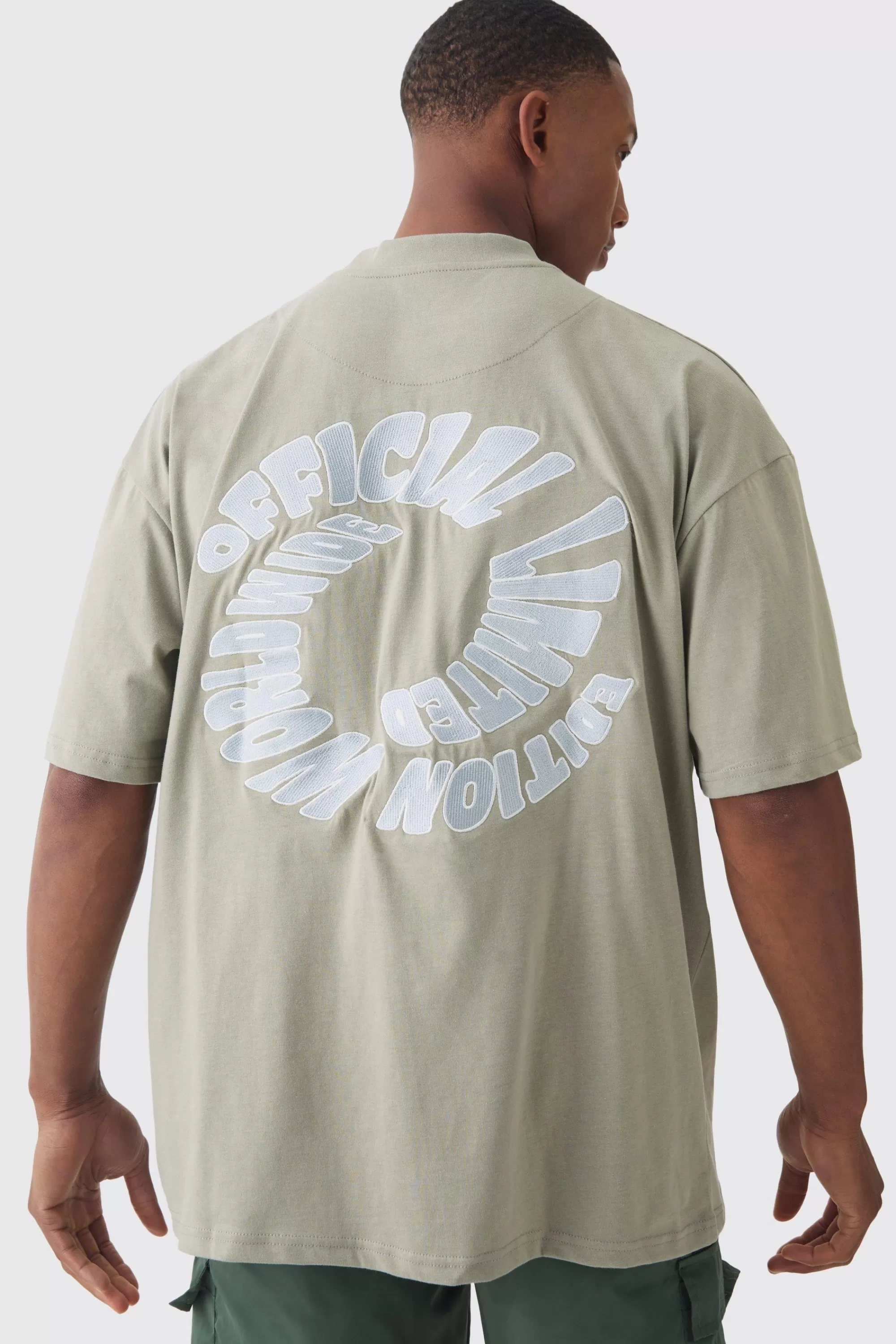 boohooMAN Oversized Extended Neck Heavyweight Back Embroidered T-shirt | UK khaki Cheap