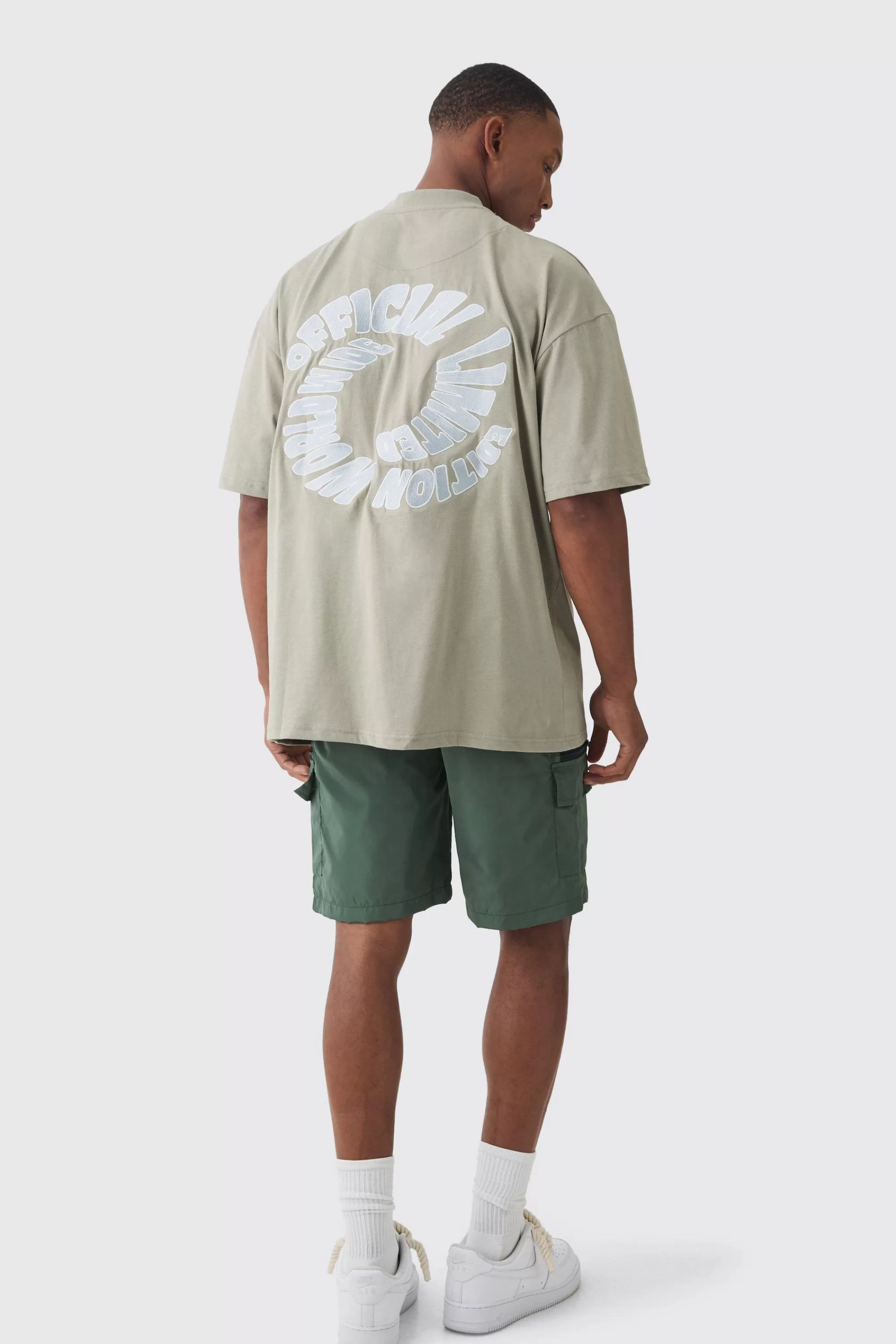 boohooMAN Oversized Extended Neck Heavyweight Back Embroidered T-shirt | UK khaki Cheap