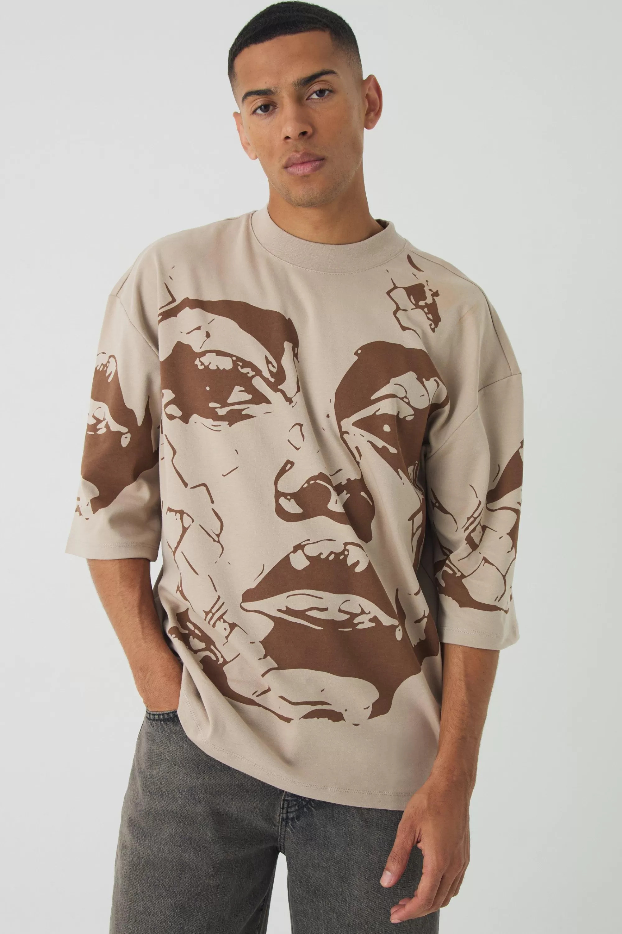 boohooMAN Oversized Extended Neck Heavyweight Interlock Face Print T-shirt | UK taupe Discount