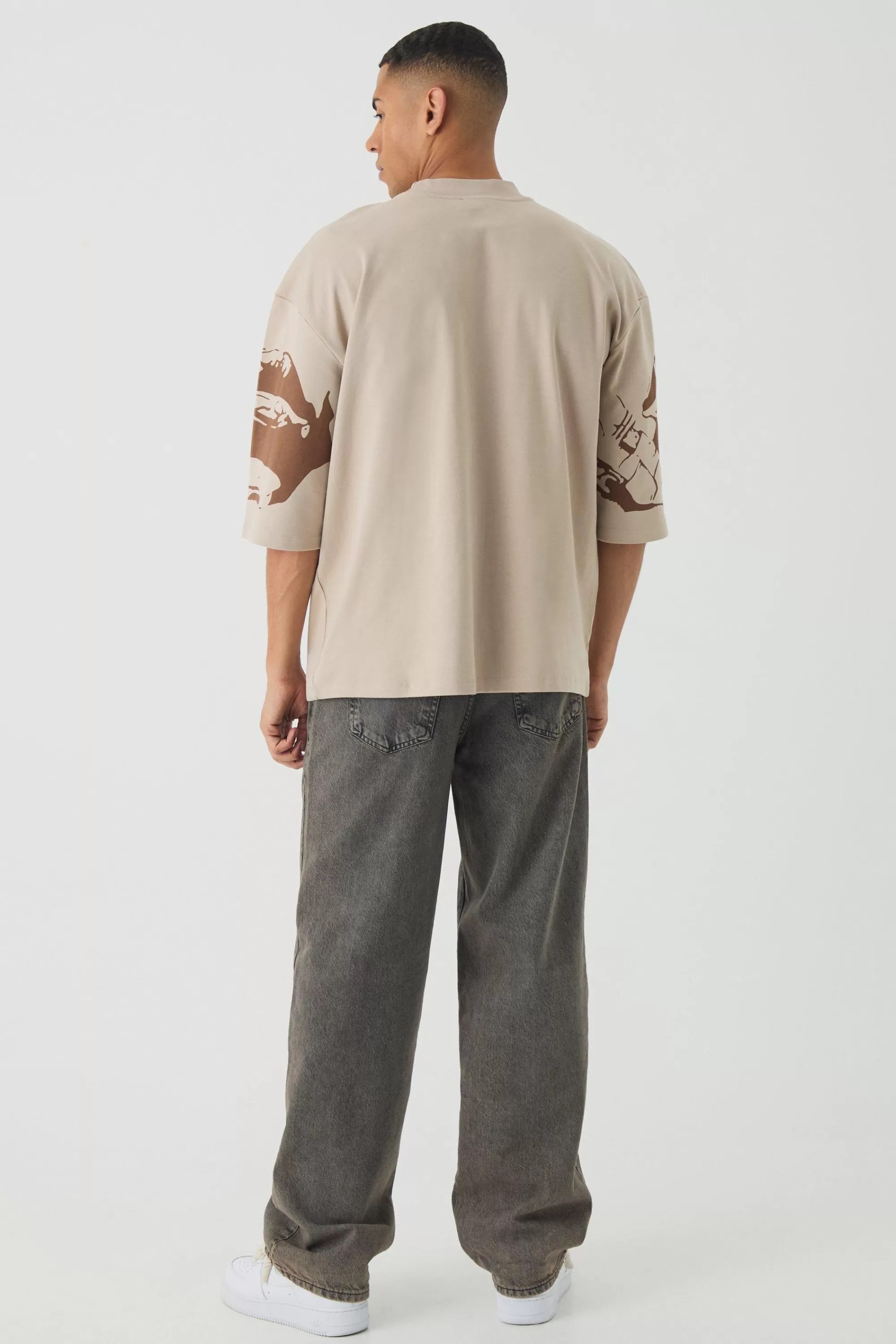 boohooMAN Oversized Extended Neck Heavyweight Interlock Face Print T-shirt | UK taupe Discount