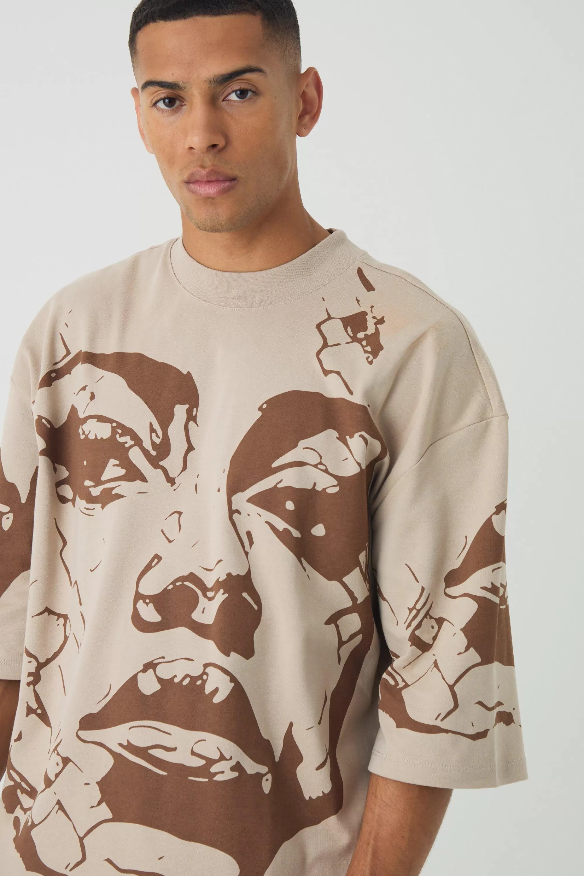 boohooMAN Oversized Extended Neck Heavyweight Interlock Face Print T-shirt | UK taupe Discount