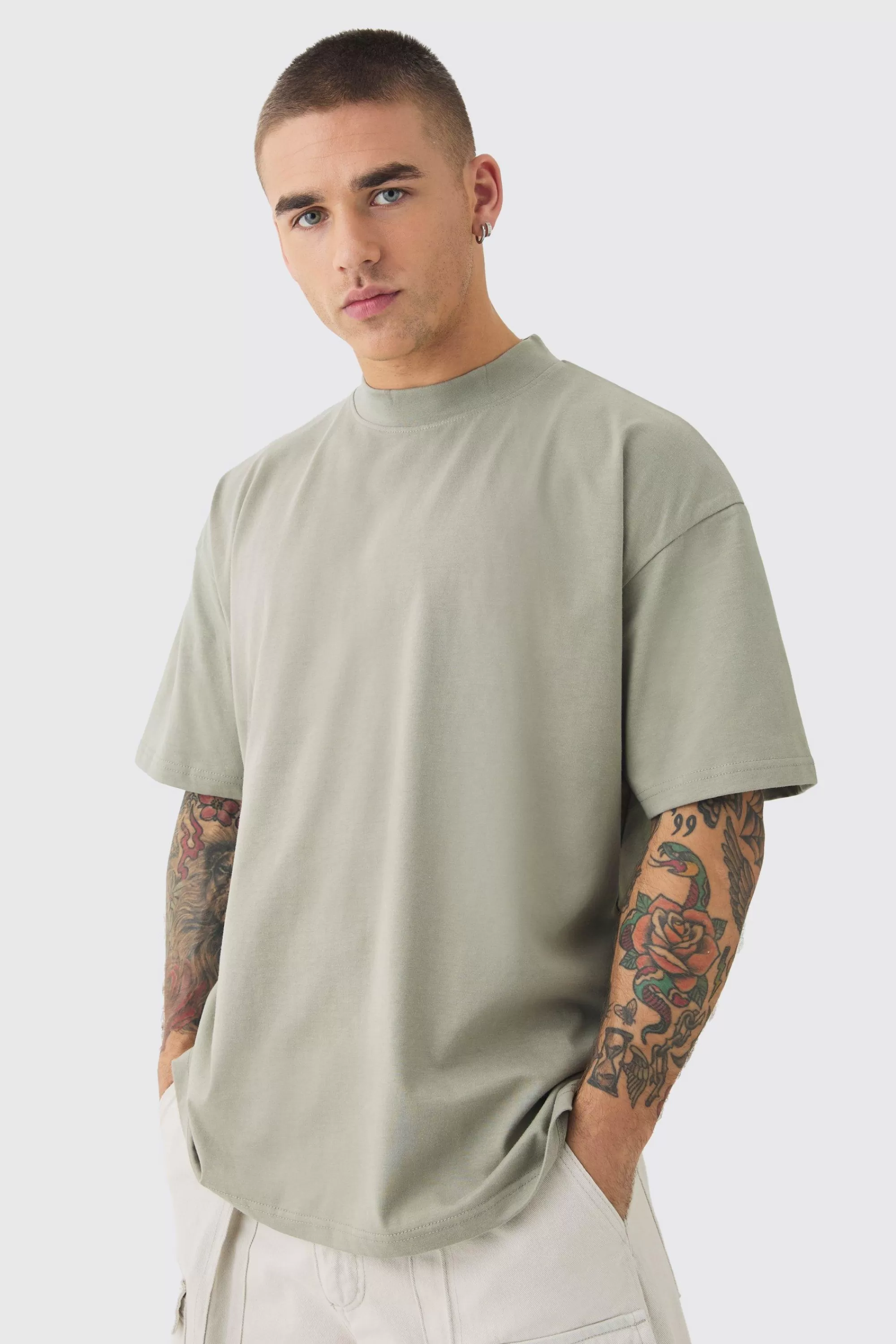 boohooMAN Oversized Extended Neck Heavyweight Leopard Applique T-shirt | UK khaki Store
