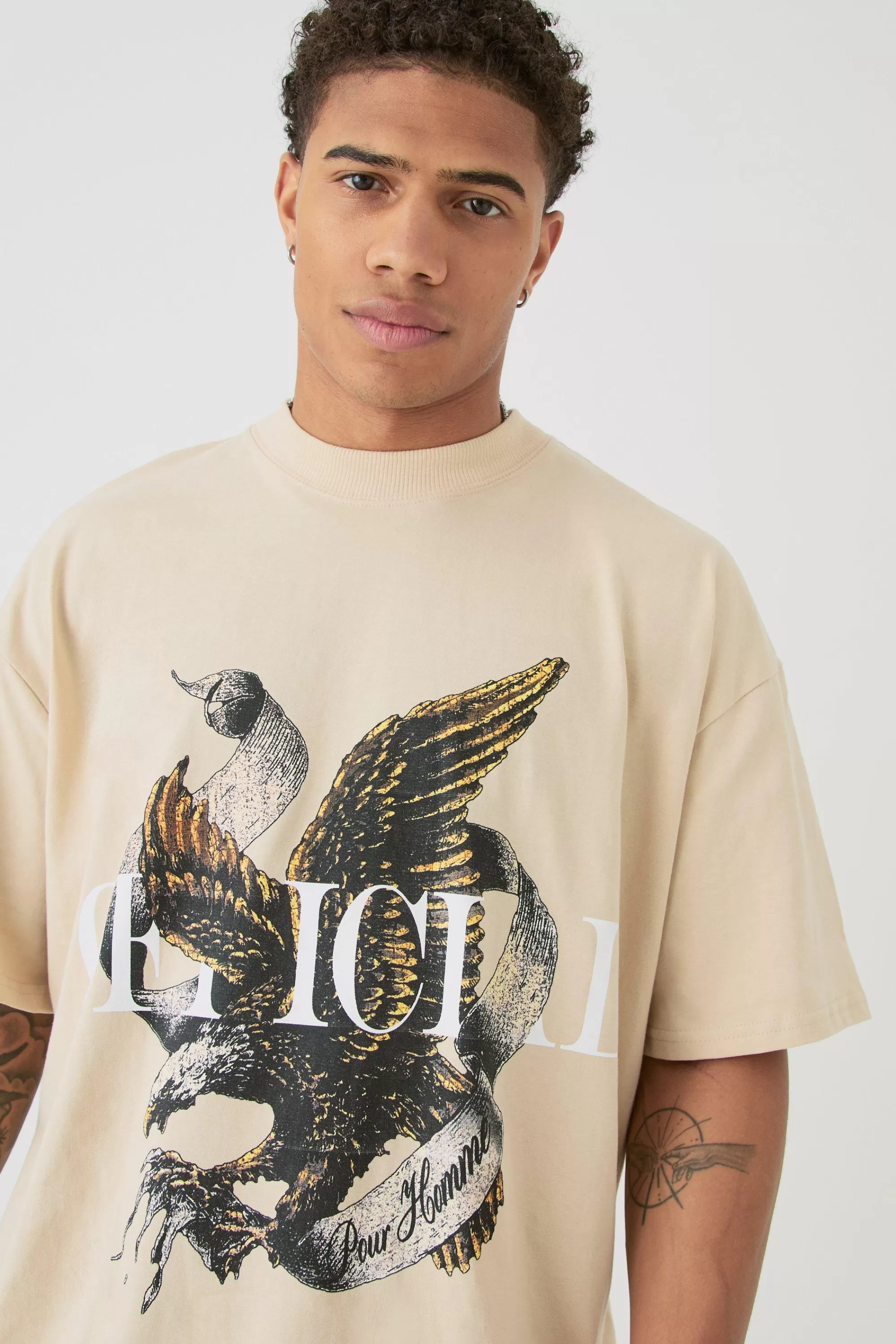boohooMAN Oversized Extended Neck Heavyweight Official Bird Graphic T-shirt | UK sand Hot