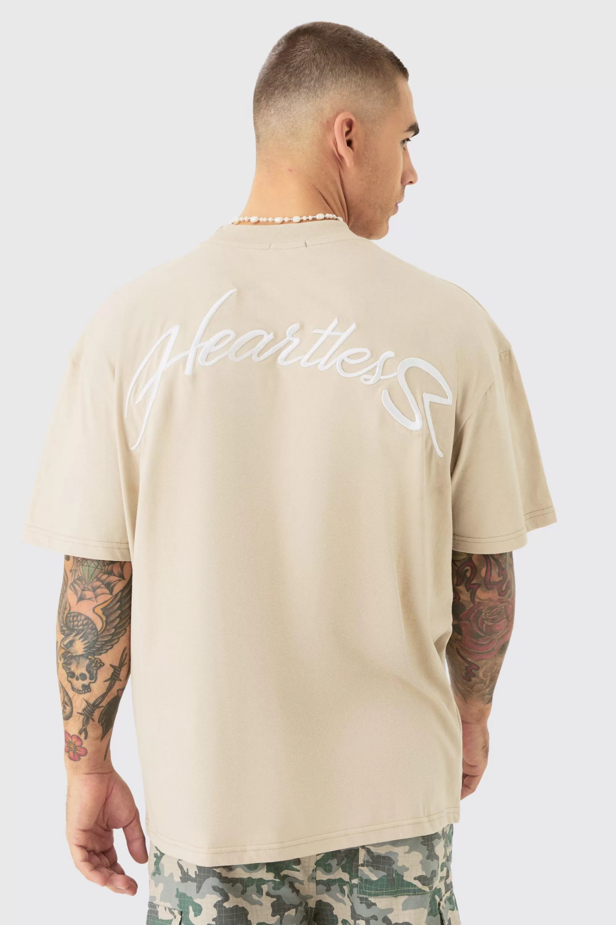 boohooMAN Oversized Extended Neck Heavyweight Slogan T-shirt | UK sand New