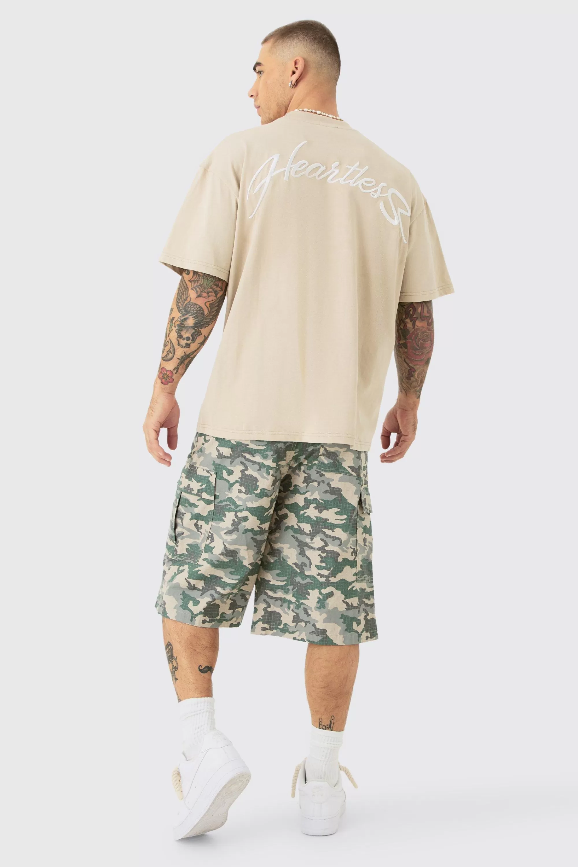 boohooMAN Oversized Extended Neck Heavyweight Slogan T-shirt | UK sand New