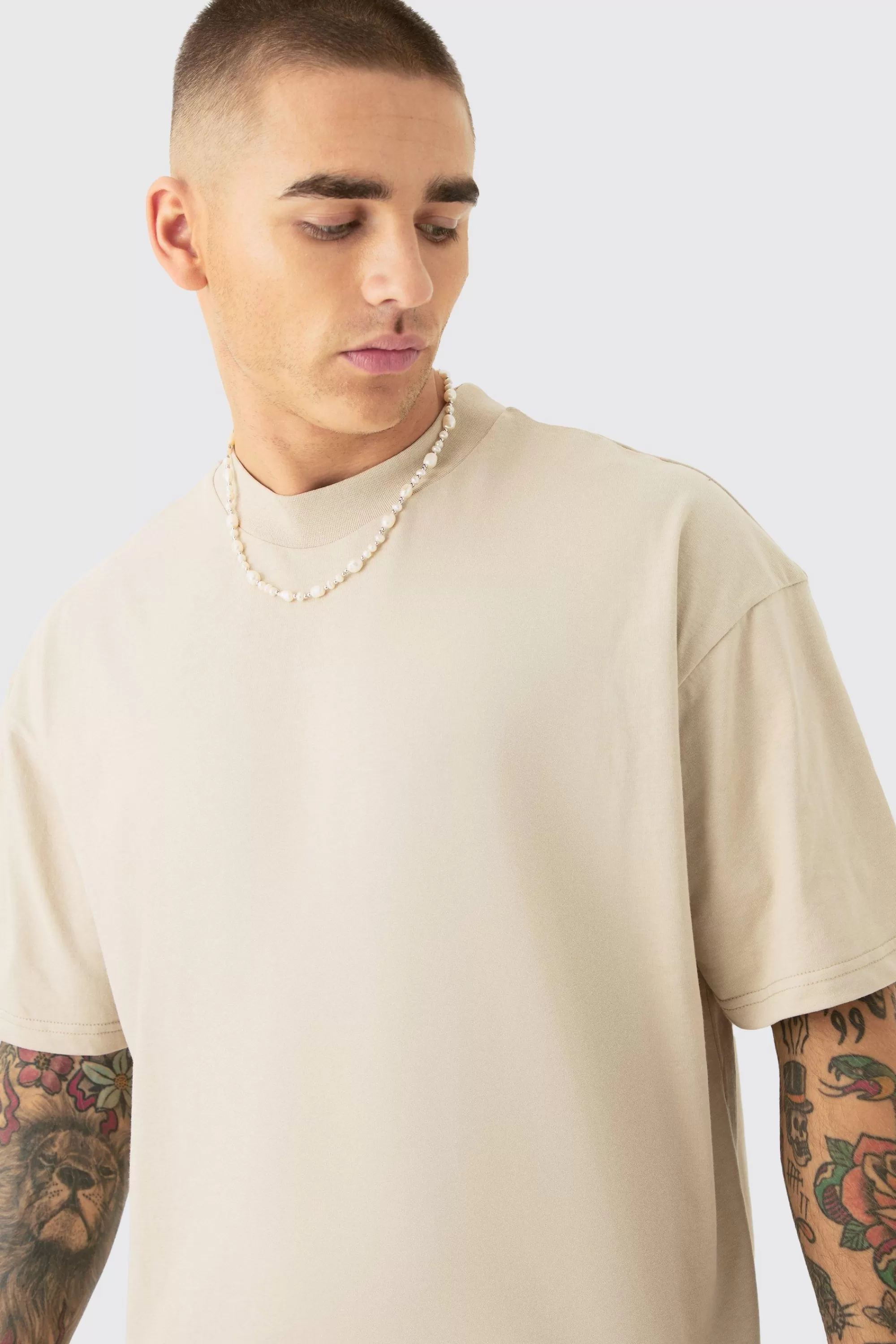boohooMAN Oversized Extended Neck Heavyweight Slogan T-shirt | UK sand New