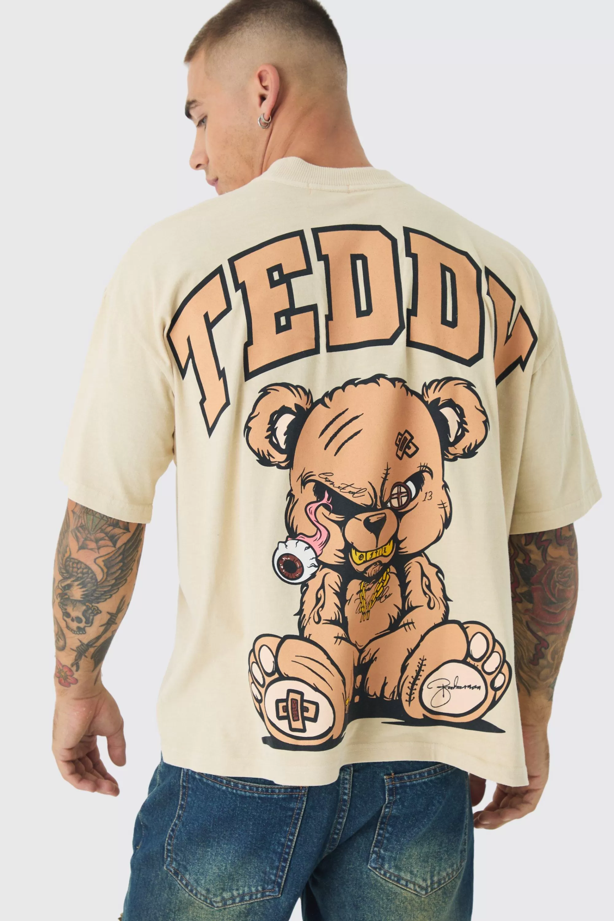boohooMAN Oversized Extended Neck Large Scale Evil Teddy Print T-Shirt | UK taupe Cheap