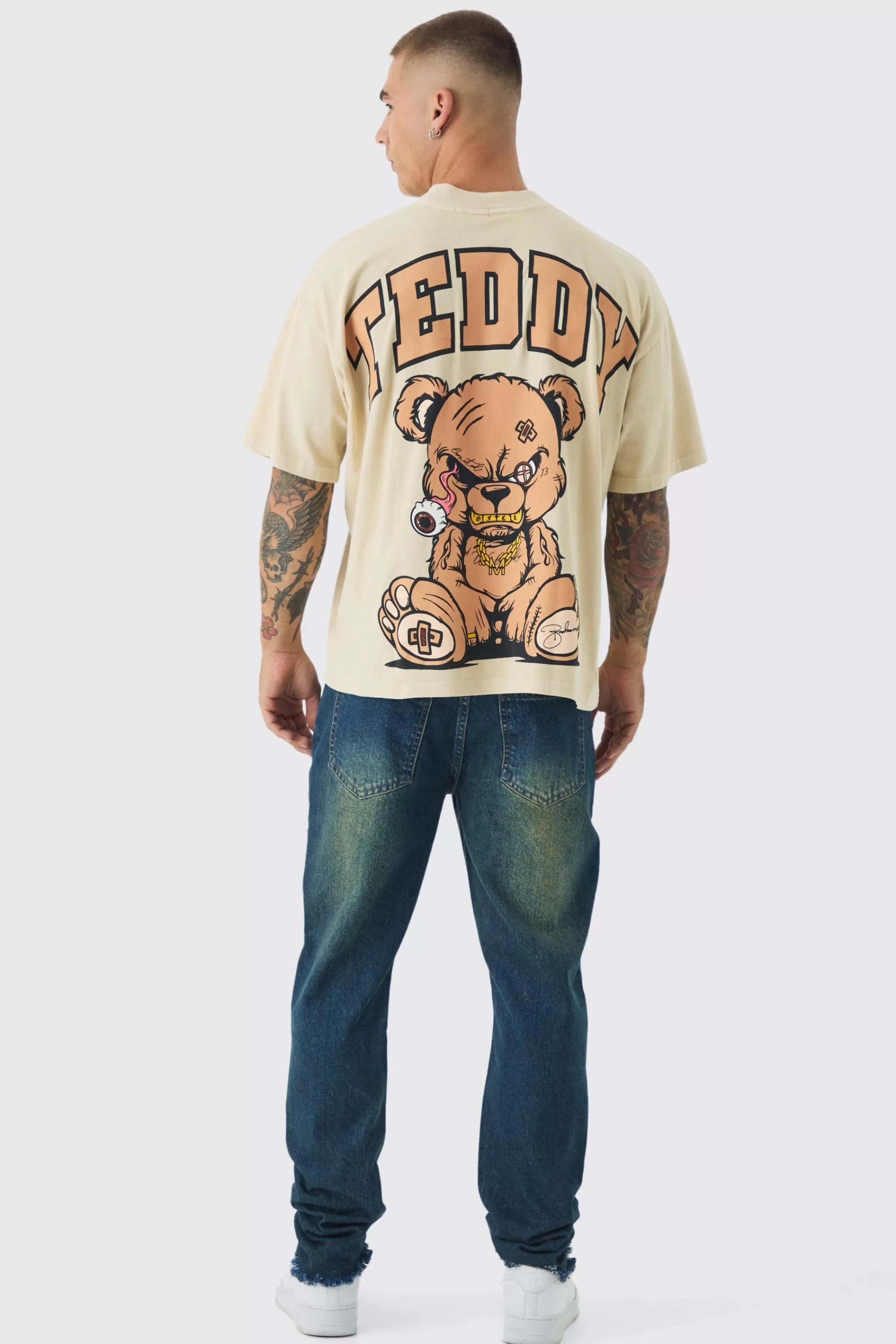 boohooMAN Oversized Extended Neck Large Scale Evil Teddy Print T-Shirt | UK taupe Cheap
