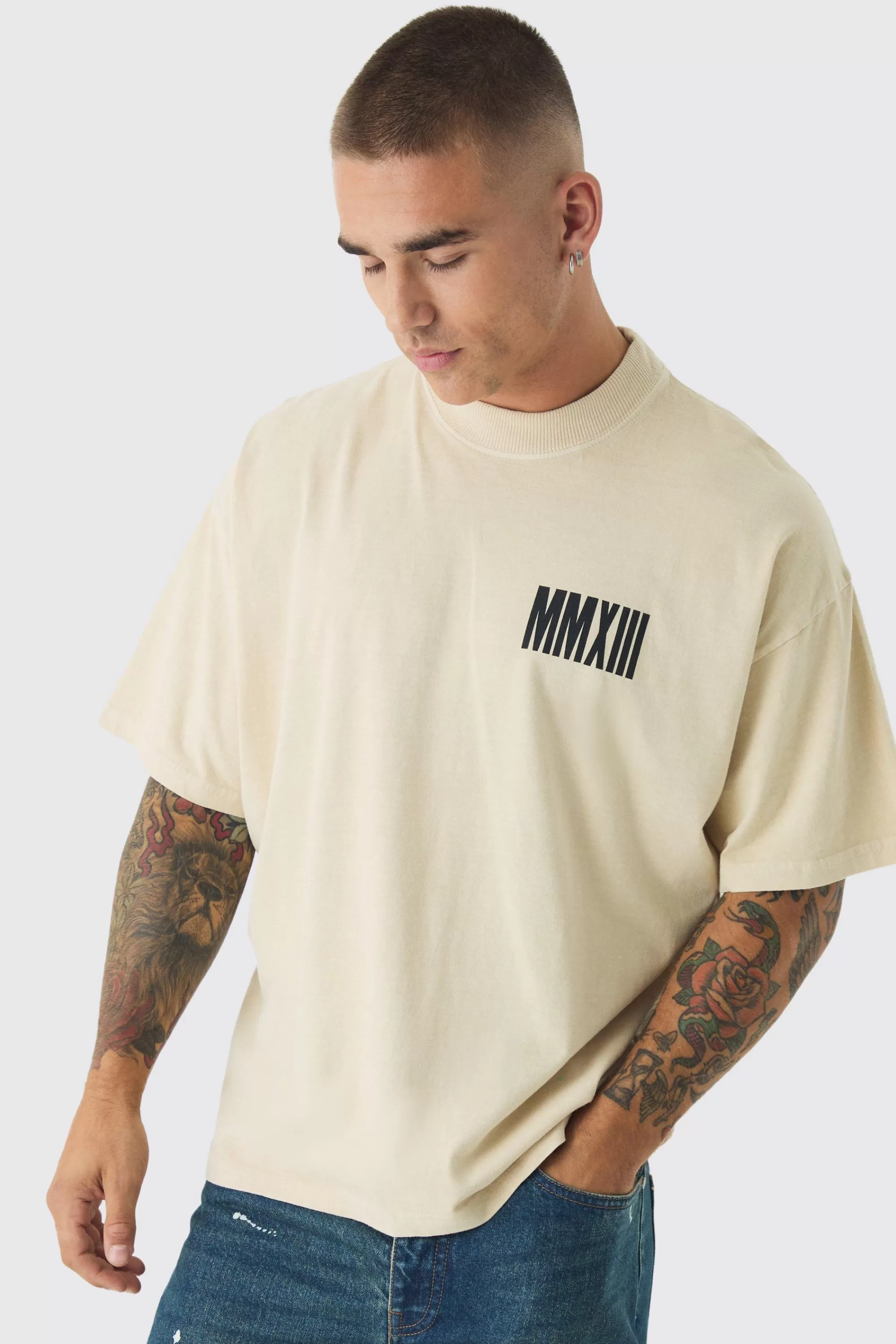 boohooMAN Oversized Extended Neck Large Scale Evil Teddy Print T-Shirt | UK taupe Cheap
