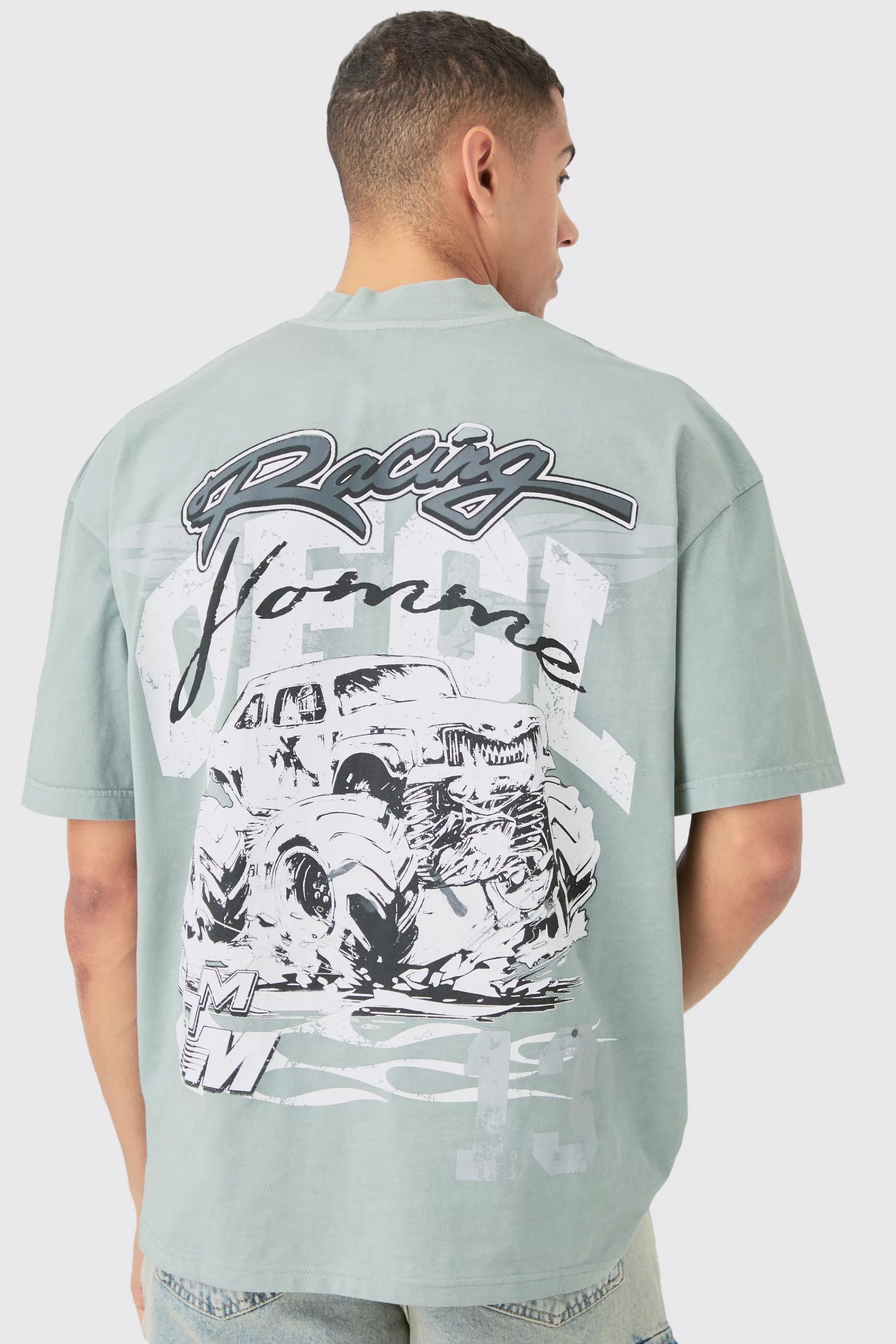 boohooMAN Oversized Extended Neck OFCL Racing Acid Wash T-shirt | UK grey Discount