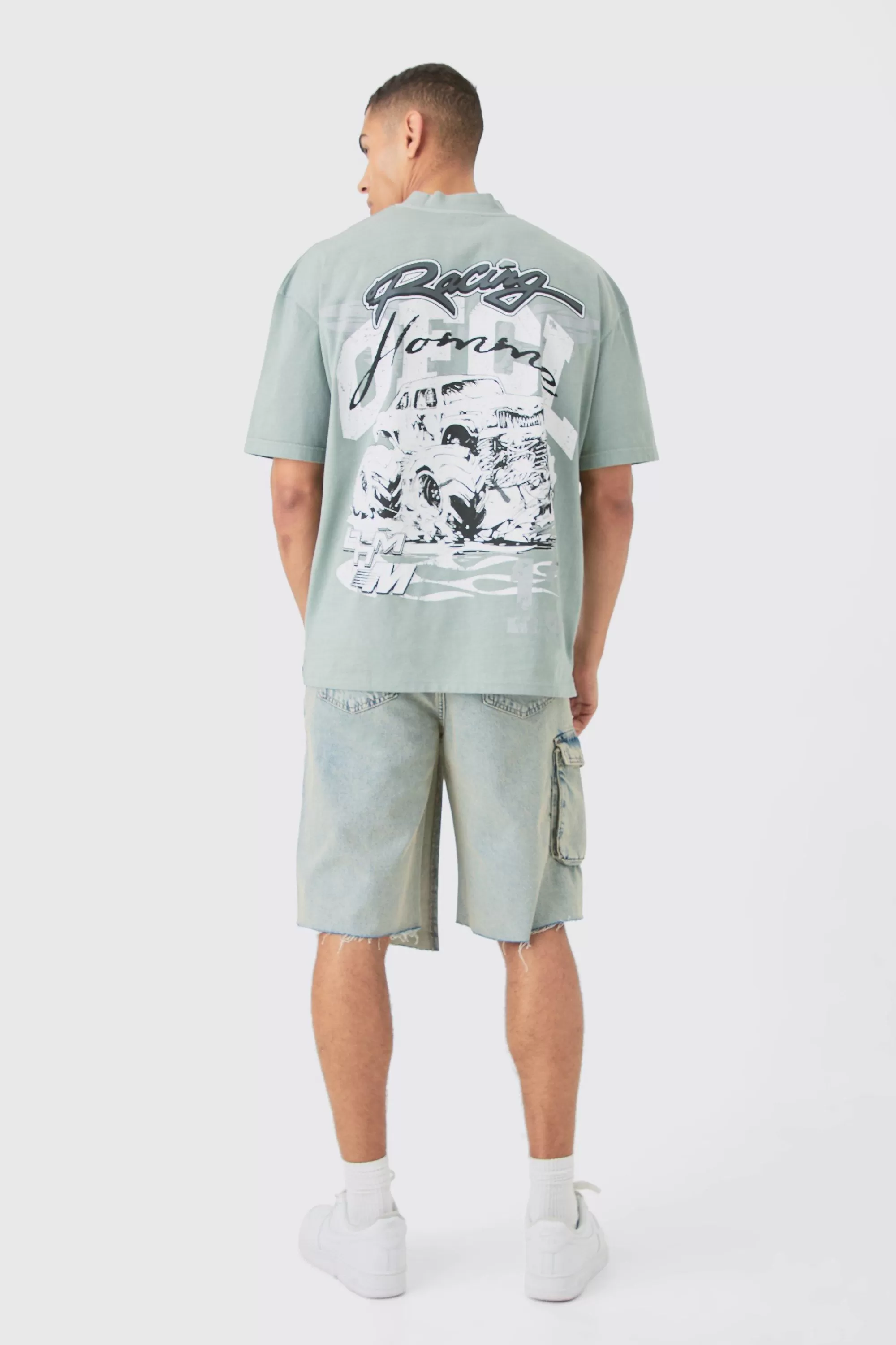 boohooMAN Oversized Extended Neck OFCL Racing Acid Wash T-shirt | UK grey Discount