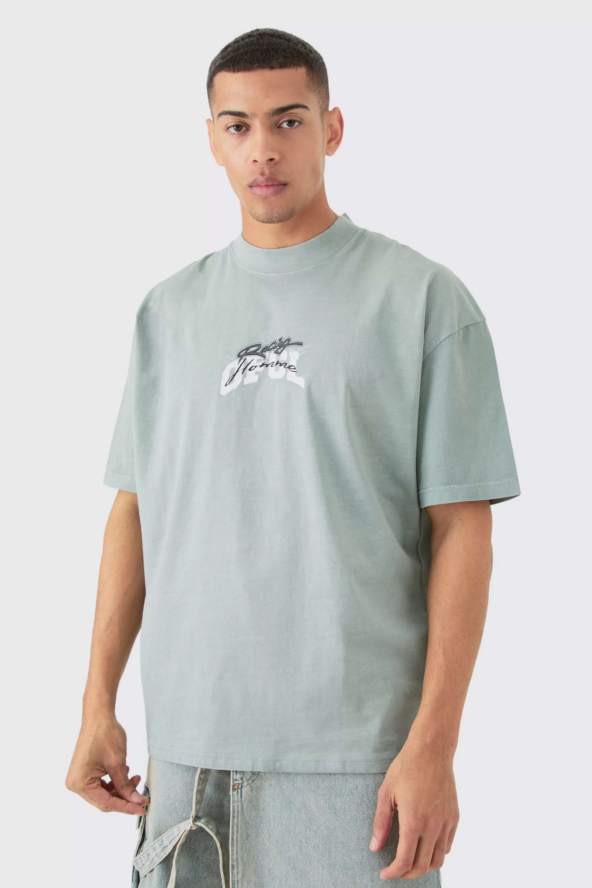 boohooMAN Oversized Extended Neck OFCL Racing Acid Wash T-shirt | UK grey Discount
