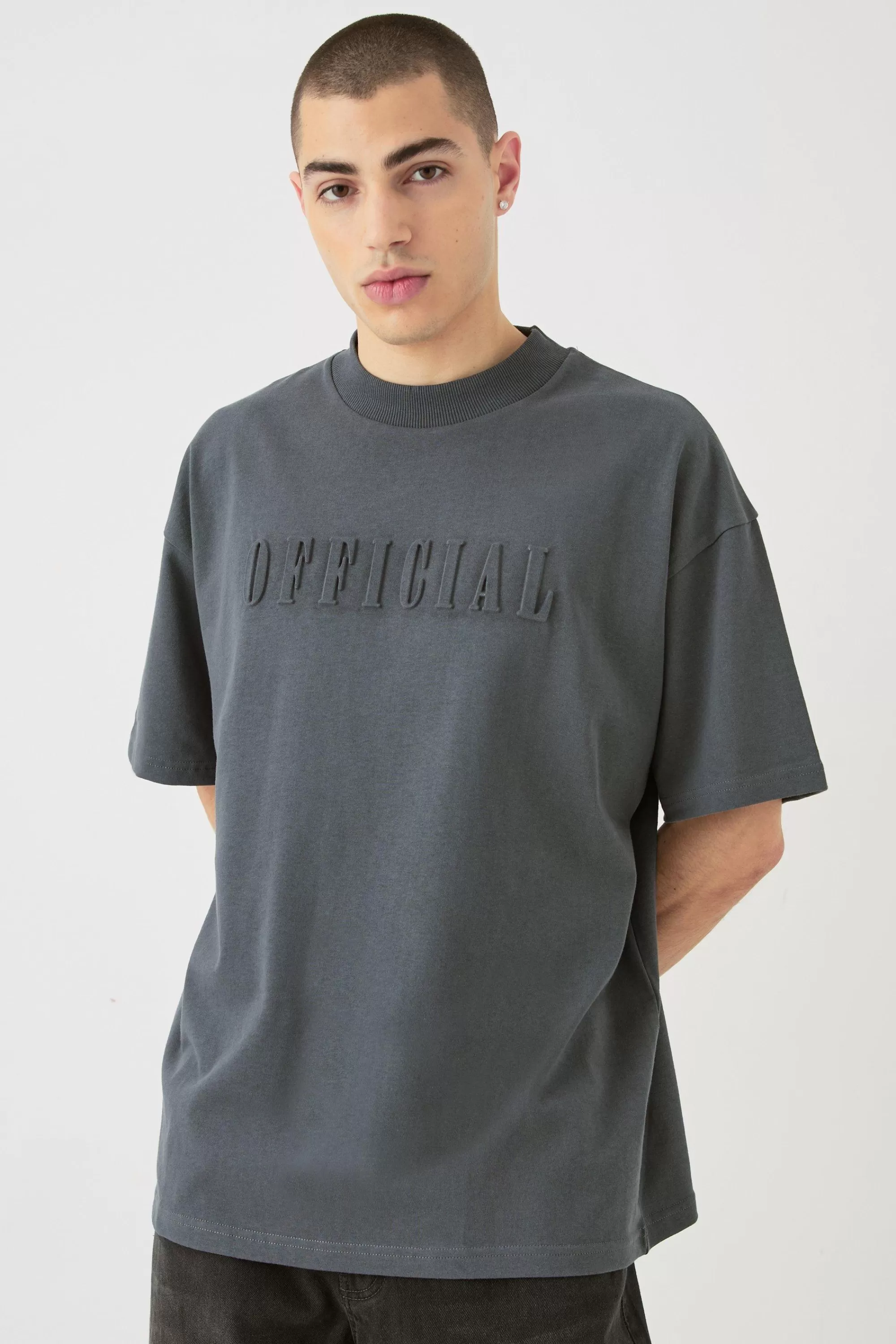 boohooMAN Oversized Extended Neck Official Embossed T-shirt | UK dark grey Outlet