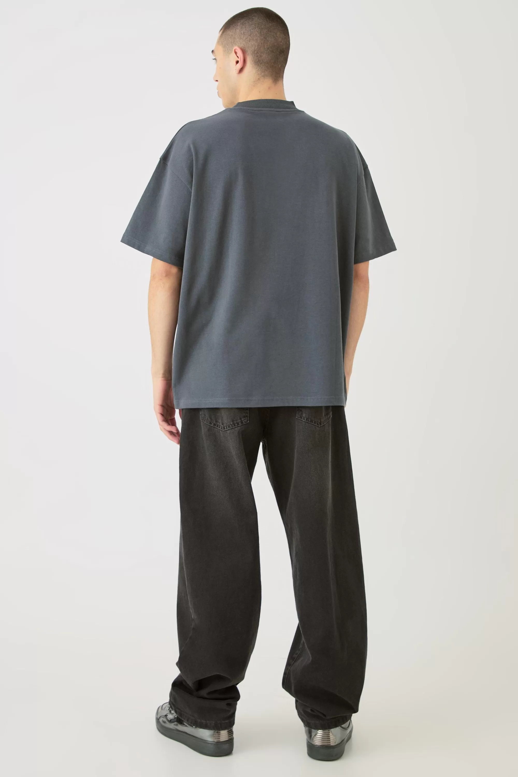 boohooMAN Oversized Extended Neck Official Embossed T-shirt | UK dark grey Outlet