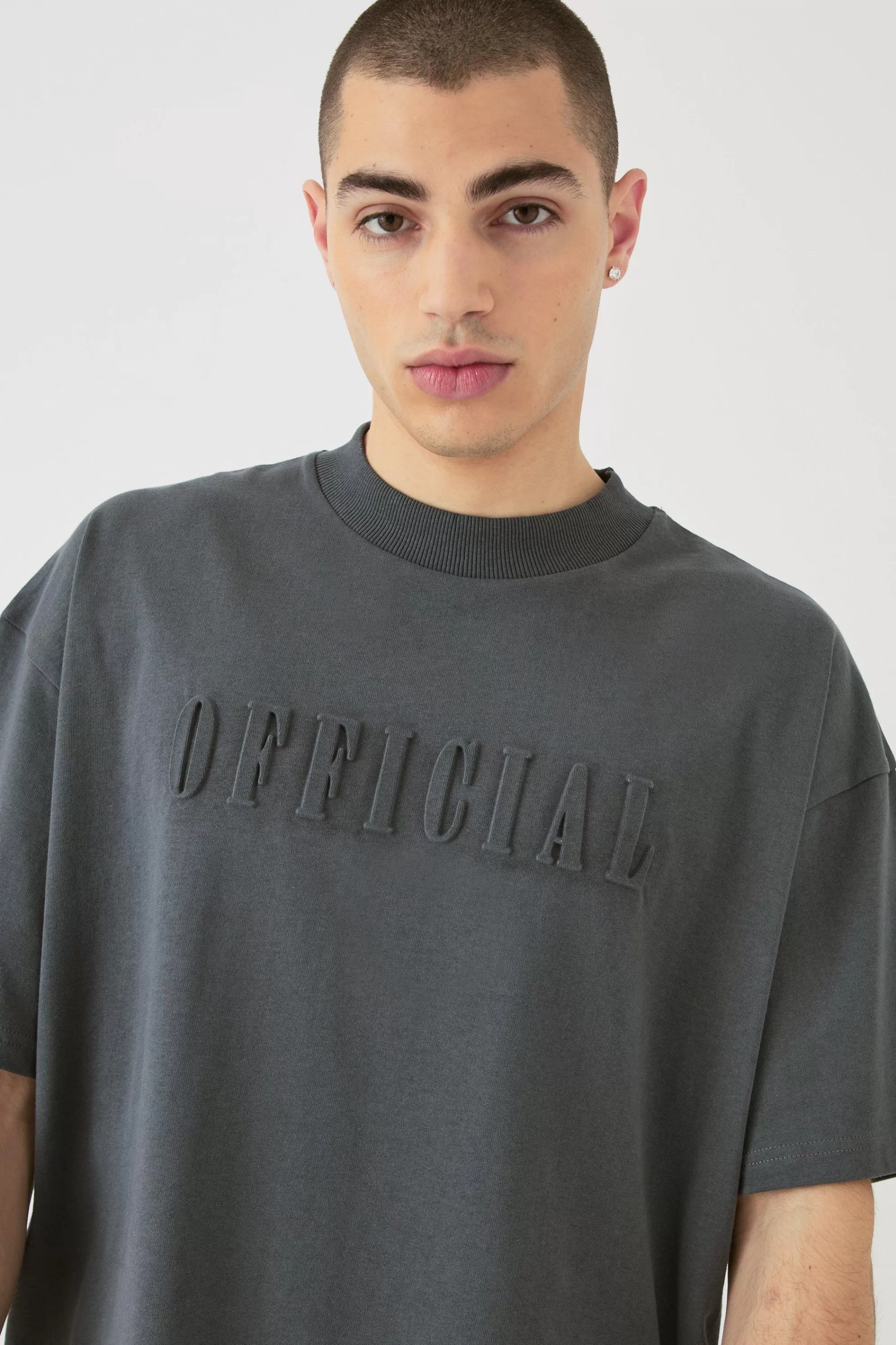 boohooMAN Oversized Extended Neck Official Embossed T-shirt | UK dark grey Outlet