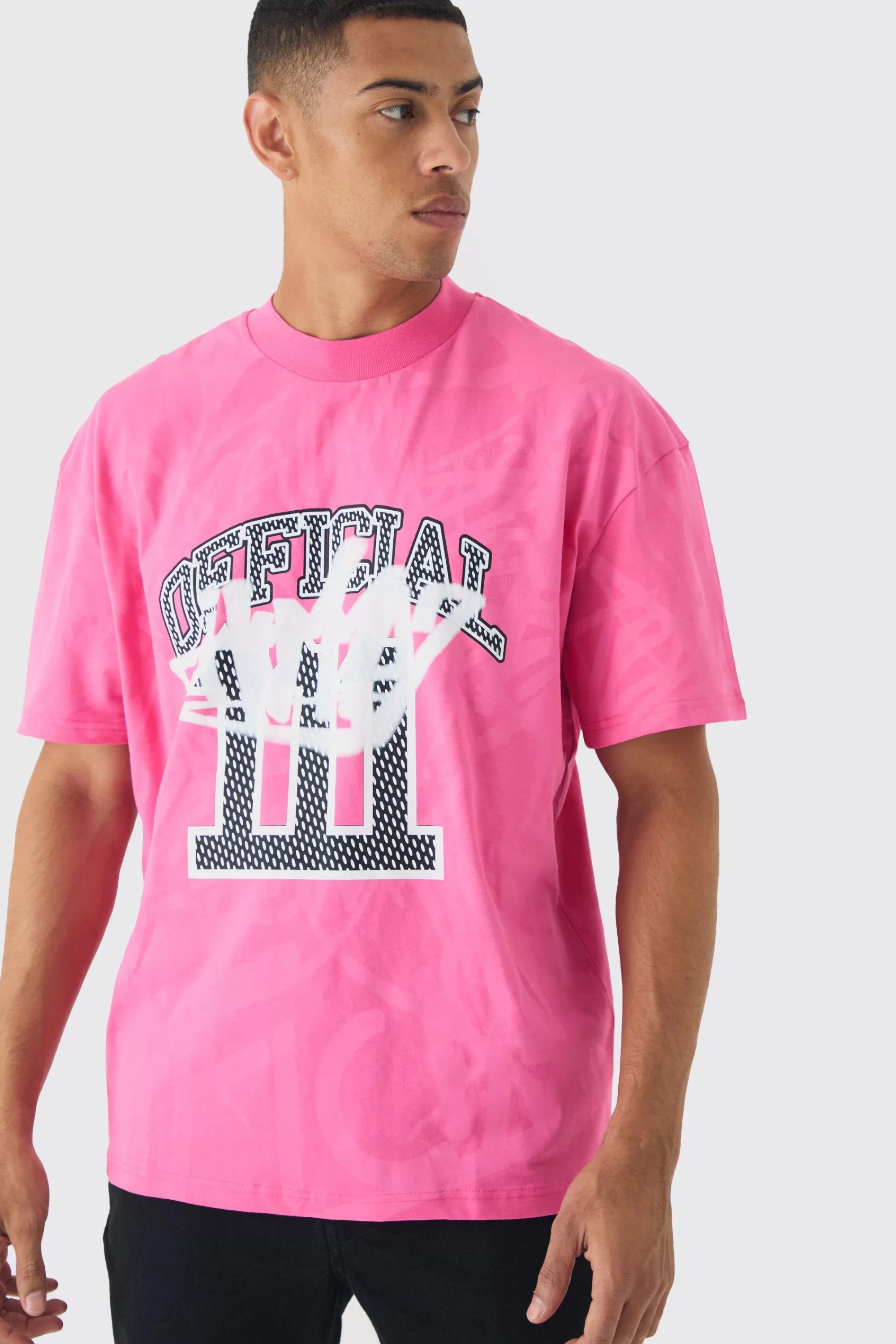 boohooMAN Oversized Extended Neck Official Graffiti Print Wash T-shirt | UK pink Fashion