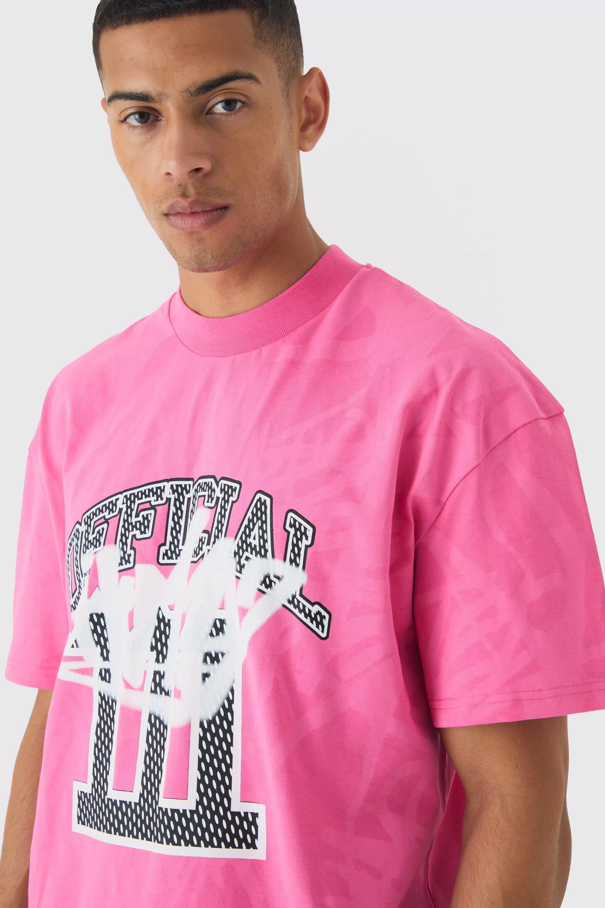 boohooMAN Oversized Extended Neck Official Graffiti Print Wash T-shirt | UK pink Fashion