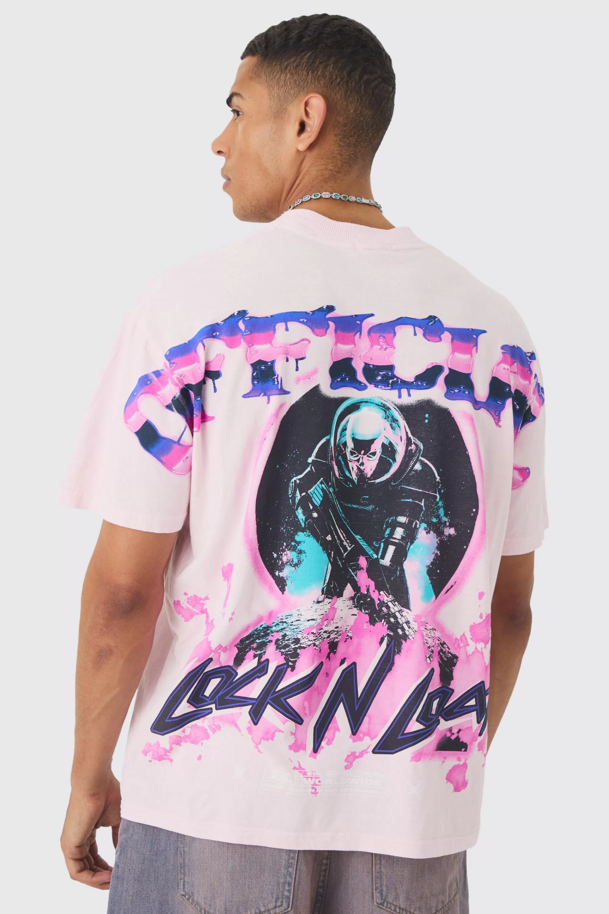 boohooMAN Oversized Extended Neck Over The Seam Wash Space Back Print T-shirt | UK pink Shop