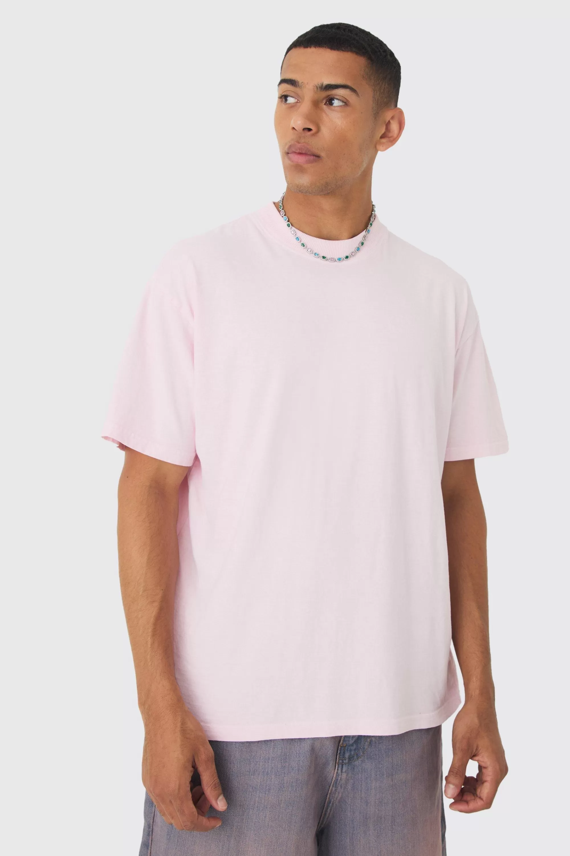 boohooMAN Oversized Extended Neck Over The Seam Wash Space Back Print T-shirt | UK pink Shop