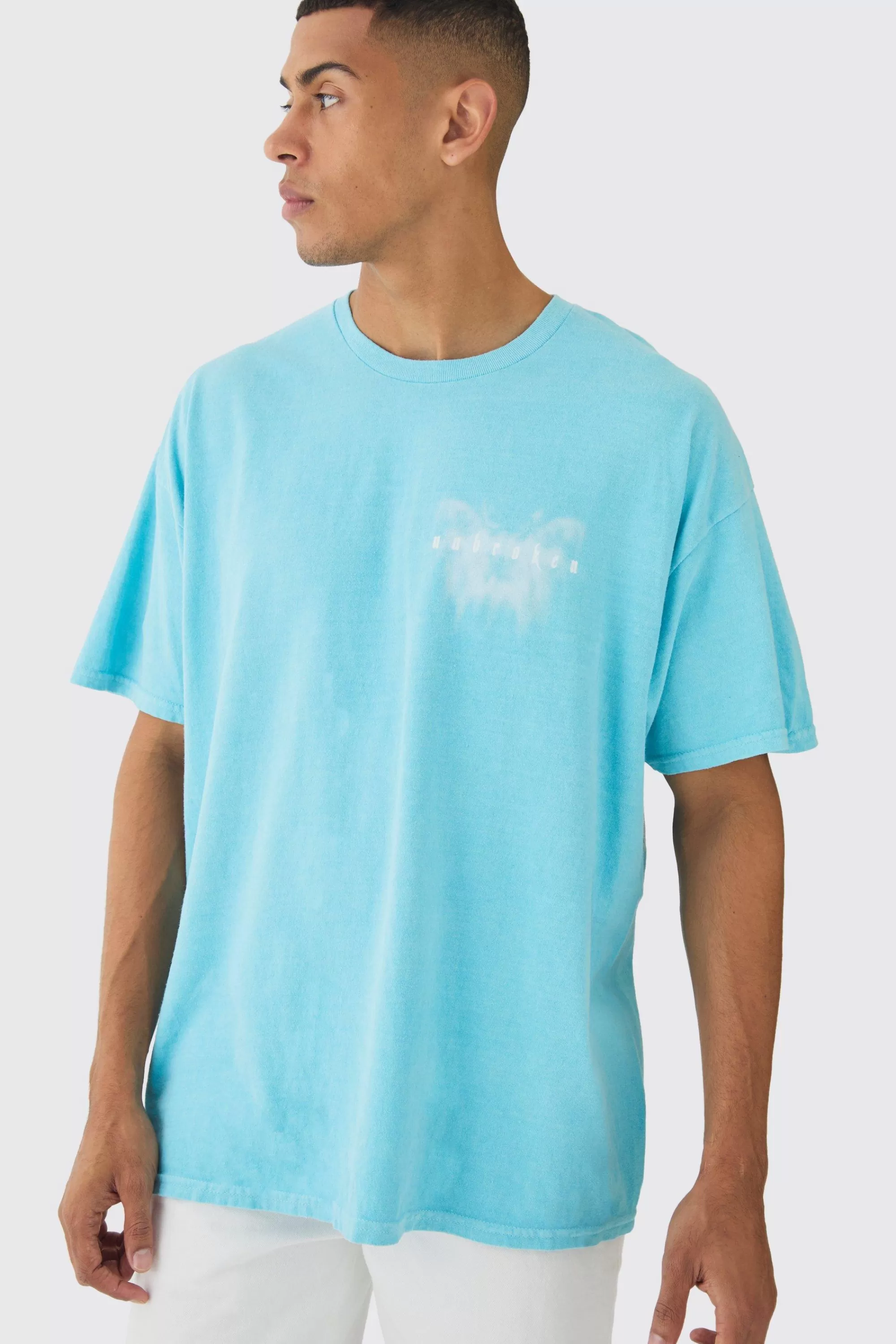 boohooMAN Oversized Extended Neck Over The Seams Butterfly T-shirt | UK blue Discount
