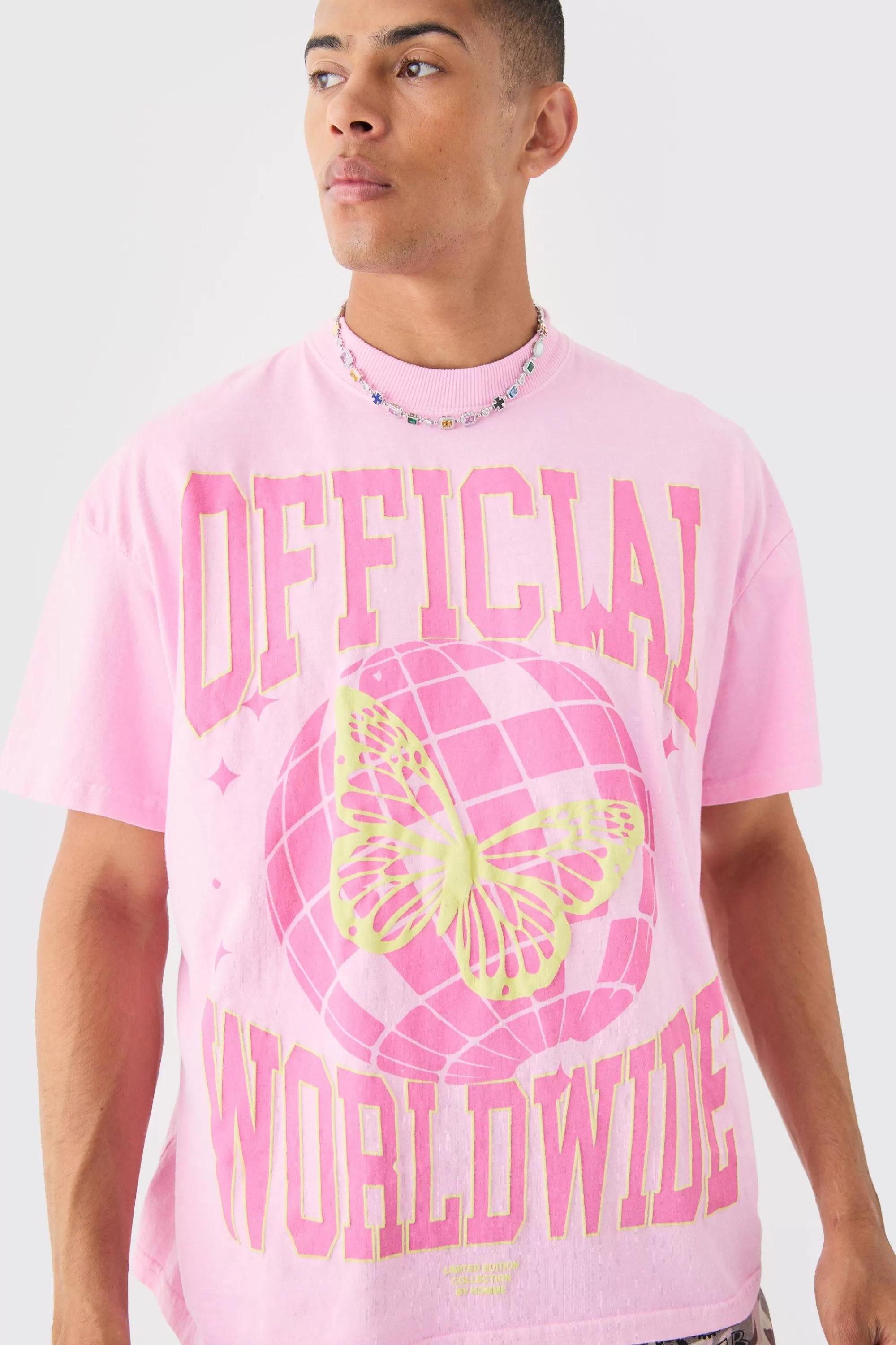 boohooMAN Oversized Extended Neck Puff Print Disco Ball Wash T-shirt | UK pink New