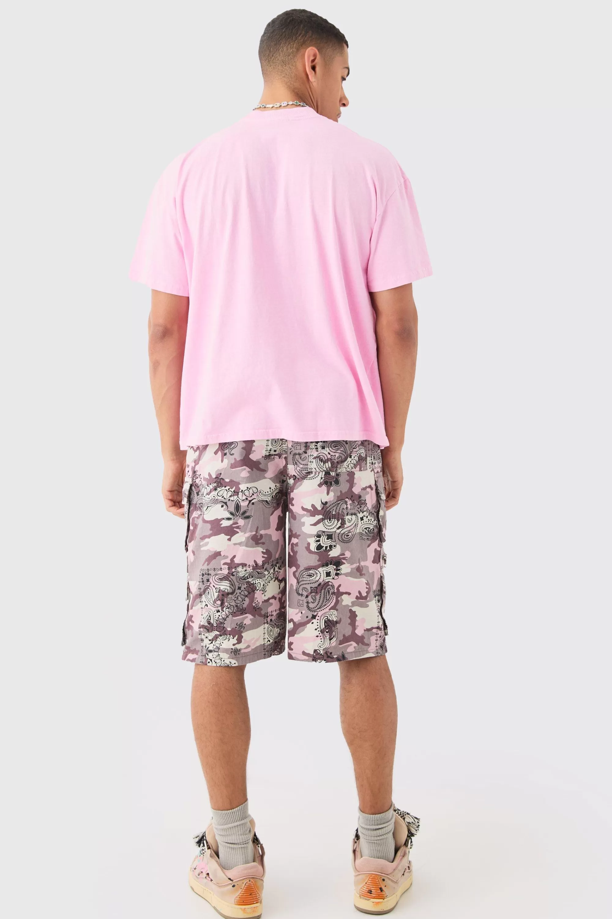 boohooMAN Oversized Extended Neck Puff Print Disco Ball Wash T-shirt | UK pink New